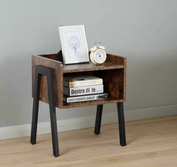 Rackhams Brown Industrial Rustic Bedside Table Stackable 2 Tier Side Table With Storage Shelf