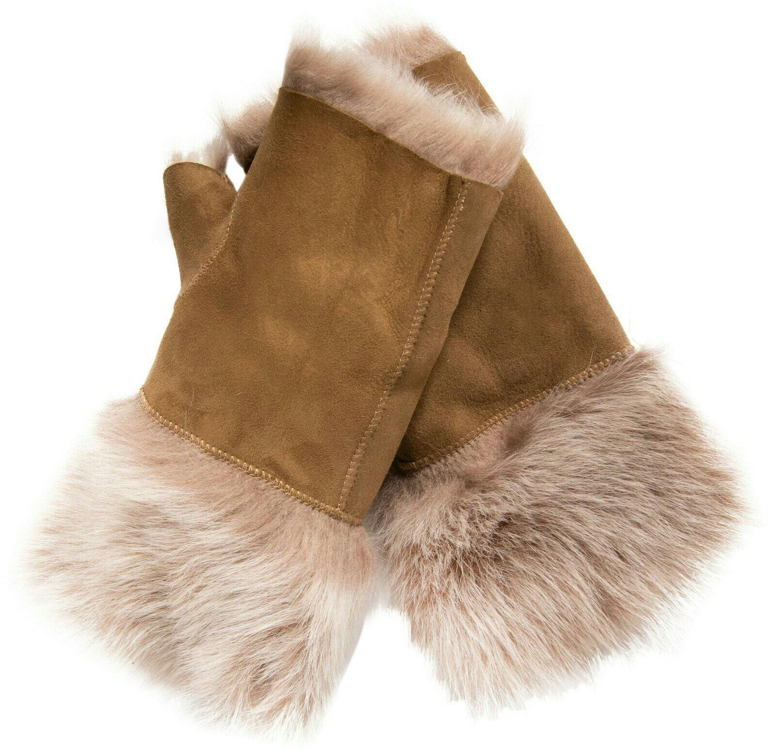 Infinity Leather Women's Shearling Mittens Fingerless Cuffs Toscana Suede Sheepskin Fur - Beaver - One Size