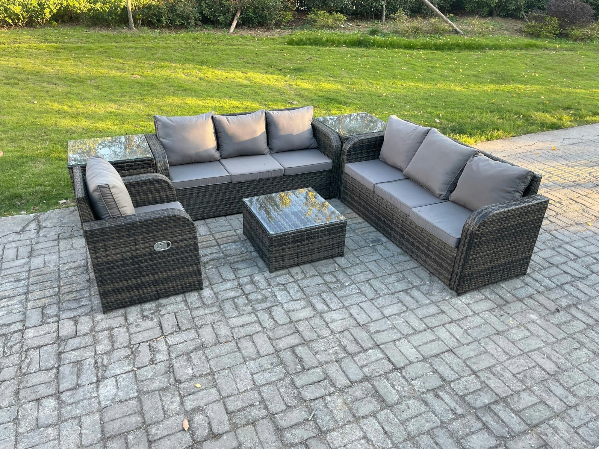 Rackhams Dark/Grey Outdoor Rattan Garden Furniture Set Conservatory Patio Sofa Coffee Table With Reclining Chair 2 Side Tables Mixed