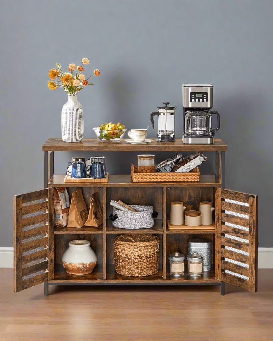 Modcraft Brown/Black Rustic Floor Standing Cabinet With Louvred Doors – Kitchen Storage Cupboard With Shelves, Industrial Style