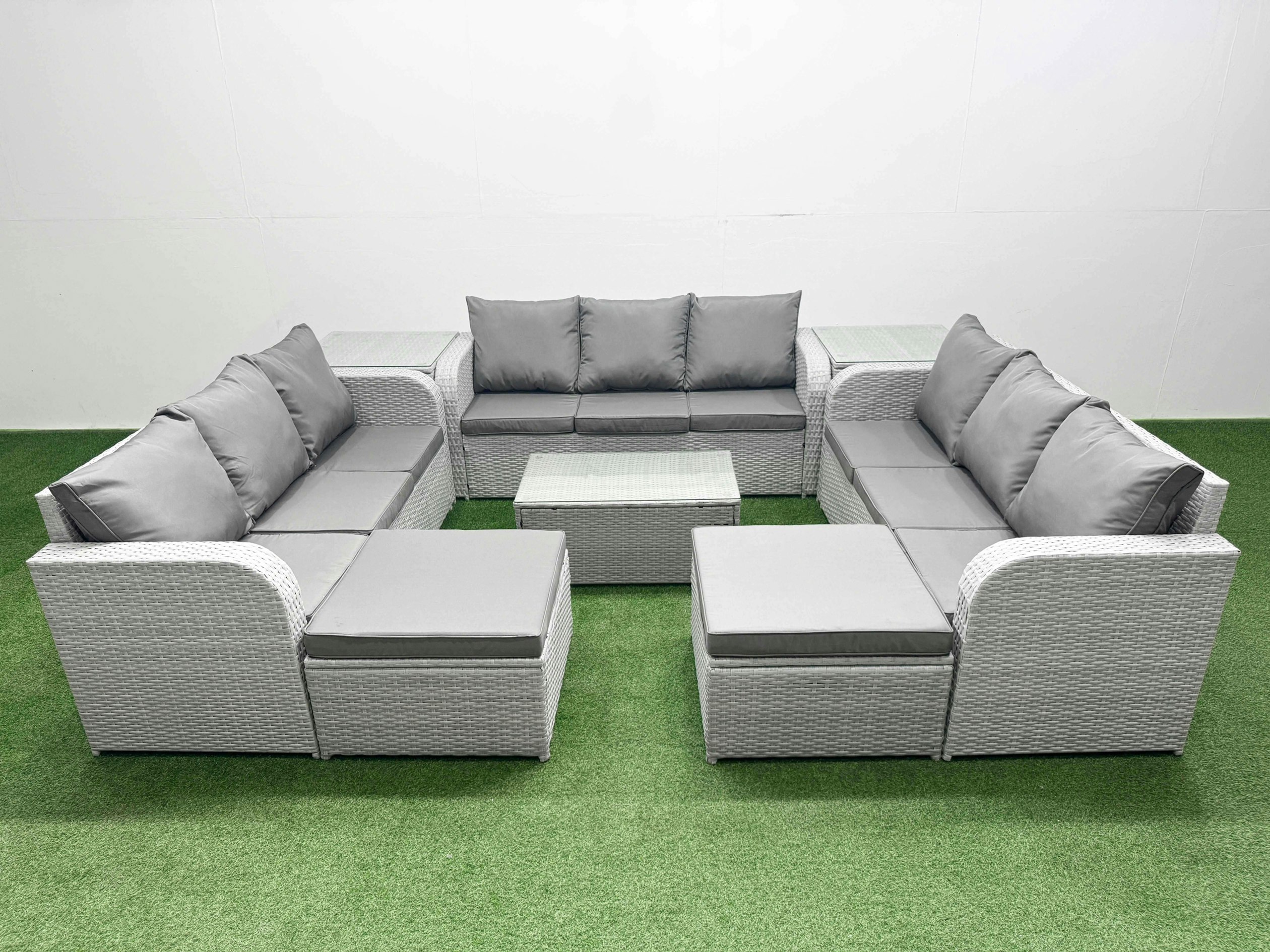 Rackhams Light/Grey 11-Seater Pe Rattan Outdoor Lounge Set | Rectangular Coffee Table, 3-Seater Sofa, 2 Footstools, 2 Side Tables