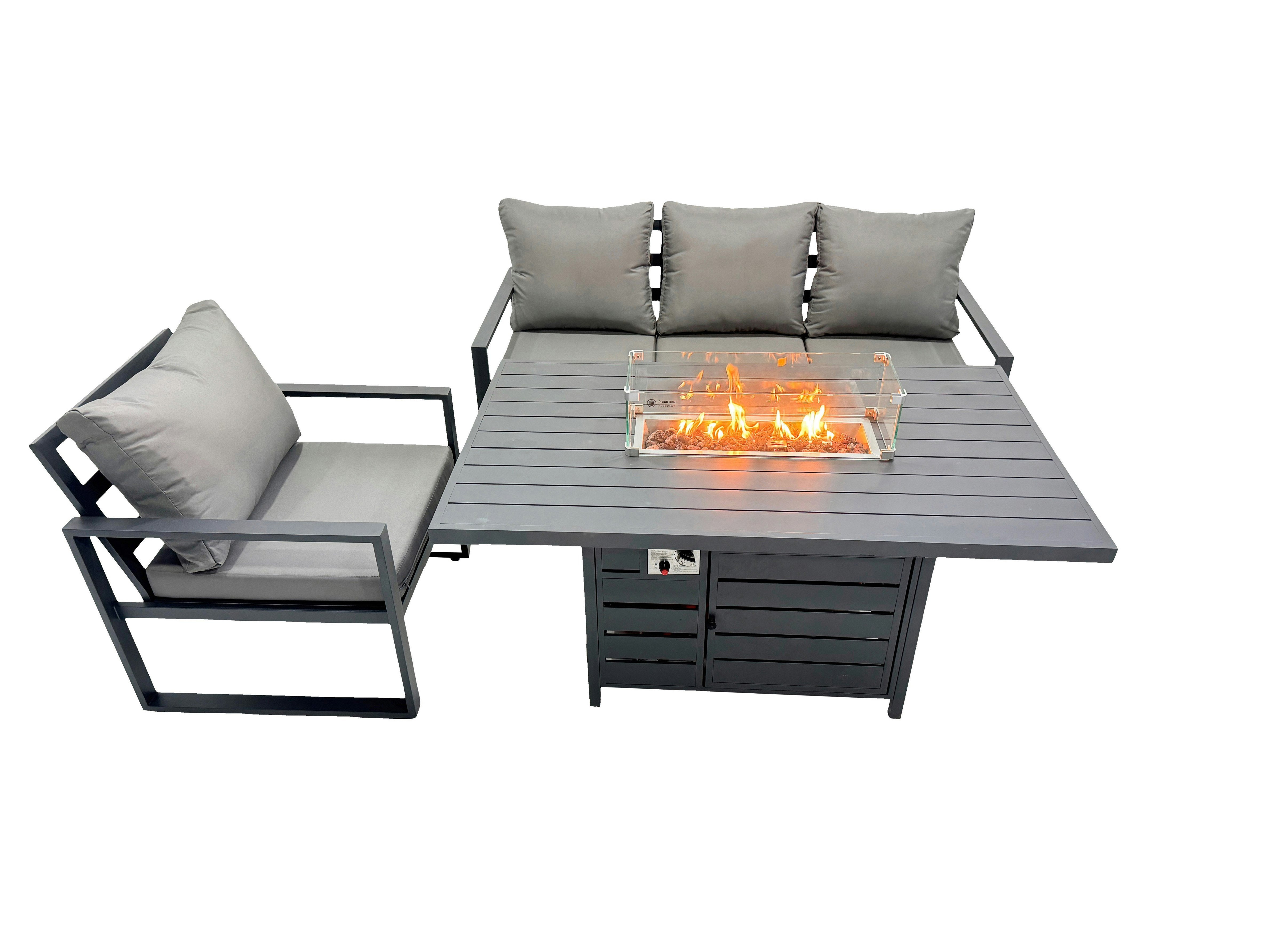 Rackhams Dark/Grey 4 Seat Outdoor Garden Furniture Set Aluminium Lounge 3 Seat Sofa Gas Fire Pit Table Sets With Chair