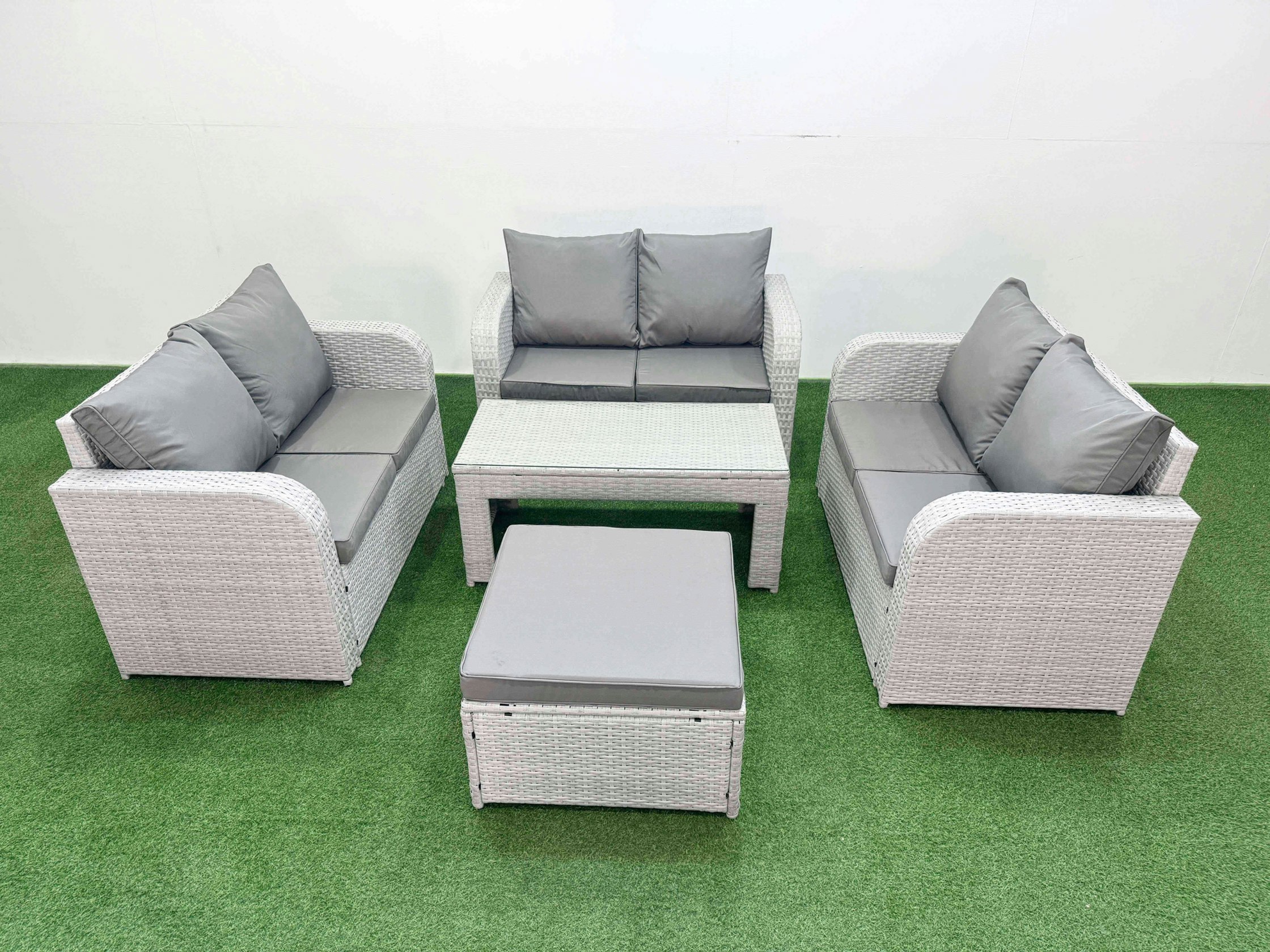 Rackhams Light/Grey 7 Seater Pe Wicker Rattan Furniture Sofa Sets With Oblong Coffee Table 2 Seater Love Sofa Big Footstool