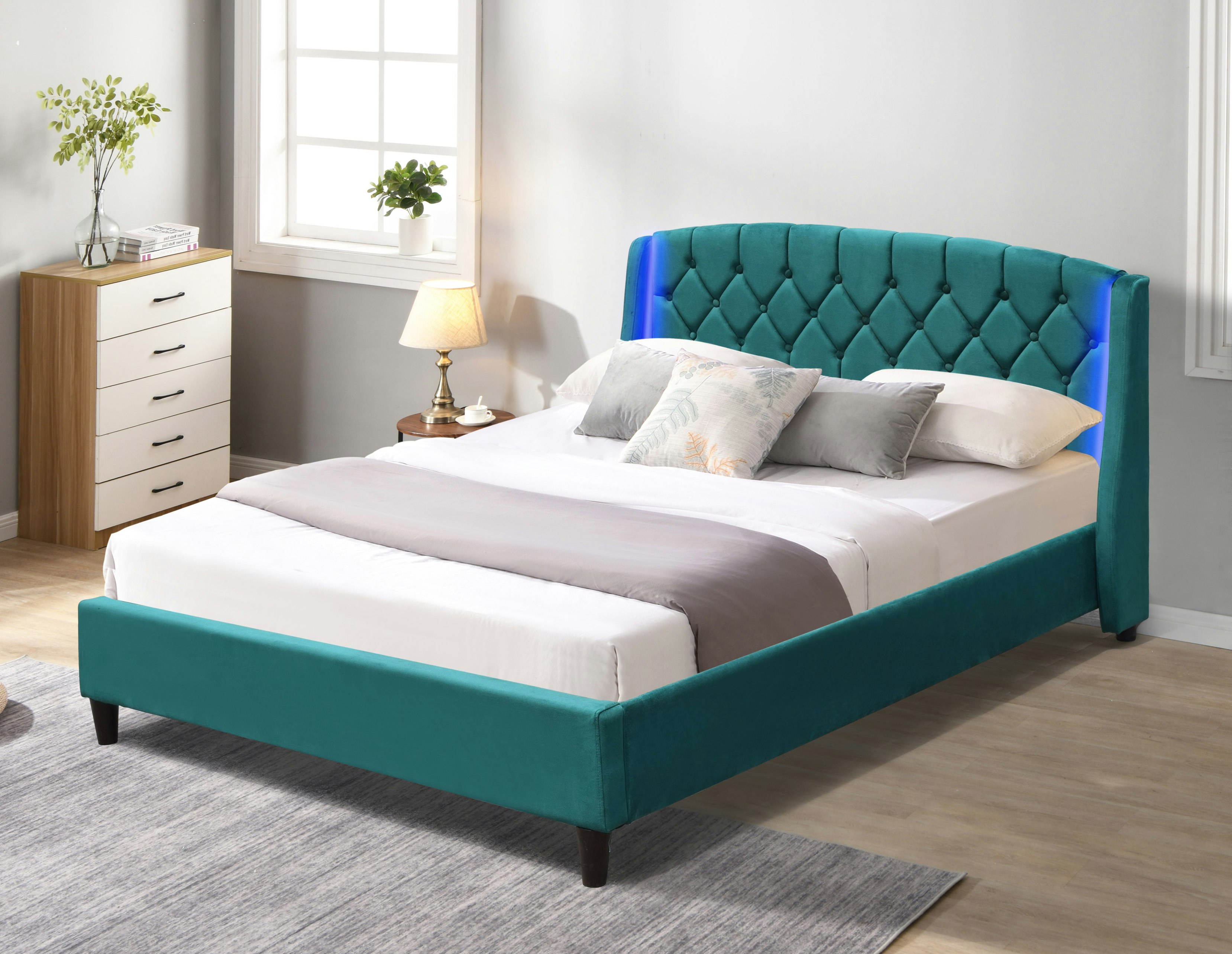Comfy Living Grey/Green Fabric Bedframe With Led Headboard 3Ft 4Ft6 5Ft Bedroom Furniture - King