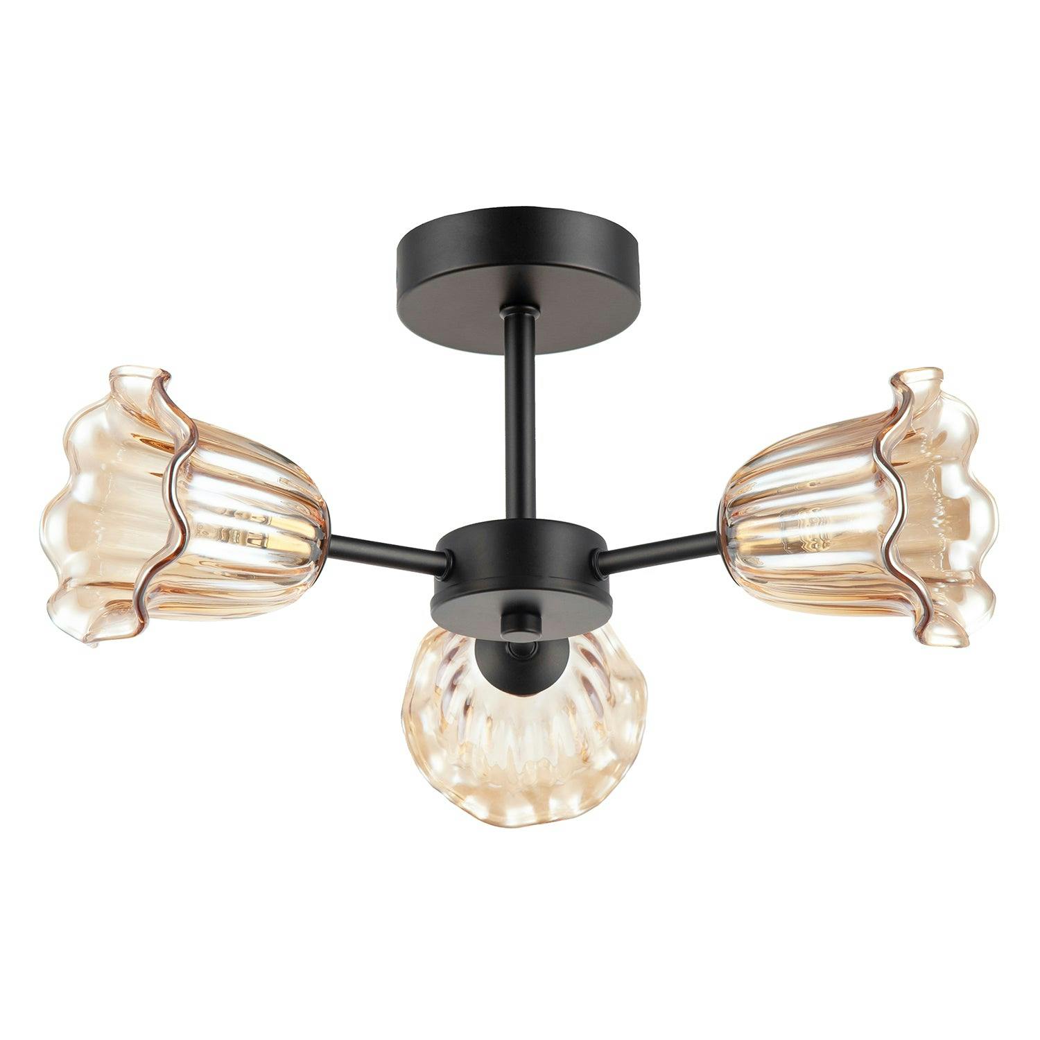 Rackhams Black/Light/Amber Designer Matte Ceiling With Floral Glass Shades