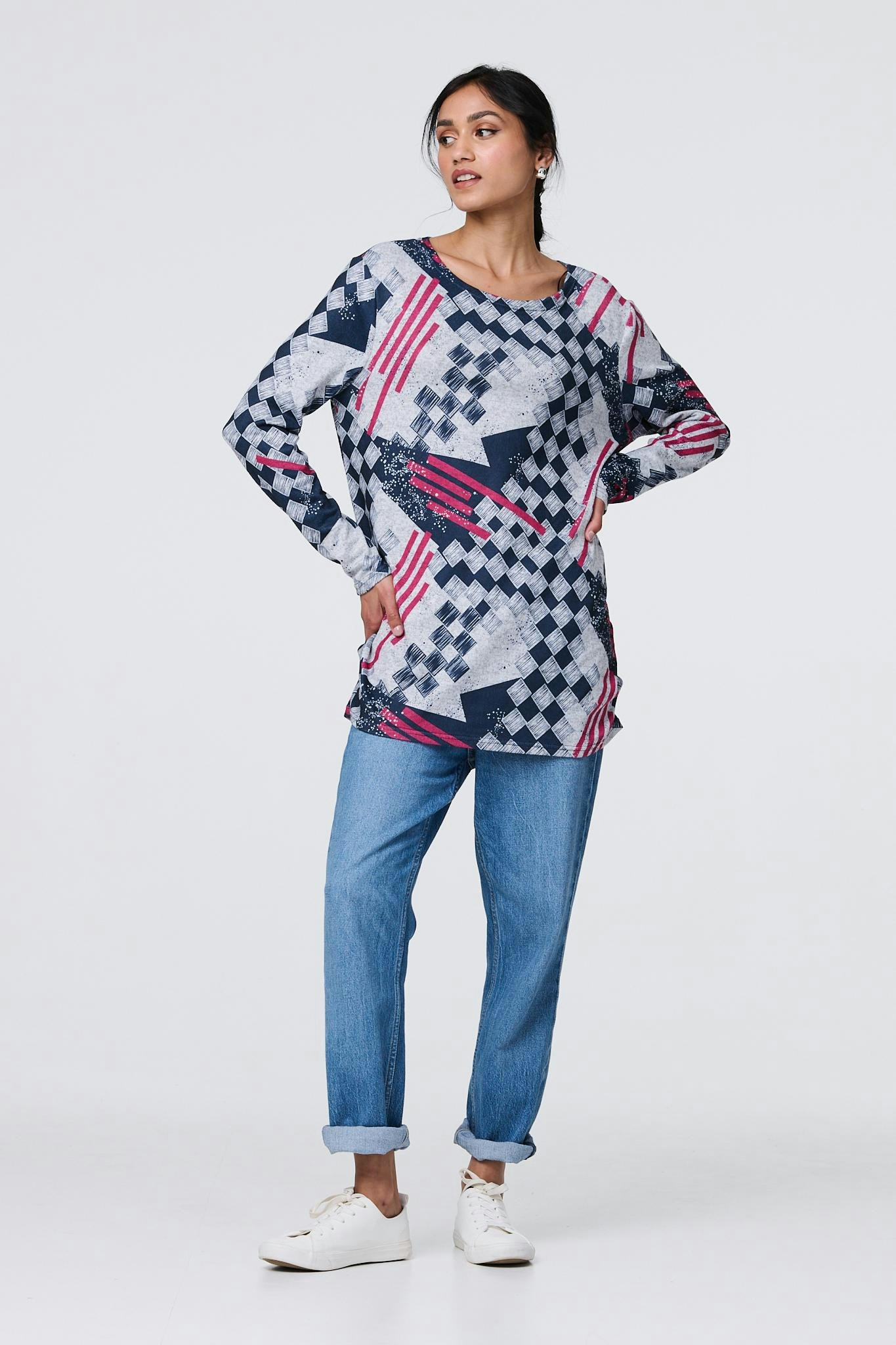 Izabel London Grey Geo Print Long Sleeve Tunic Top - 12