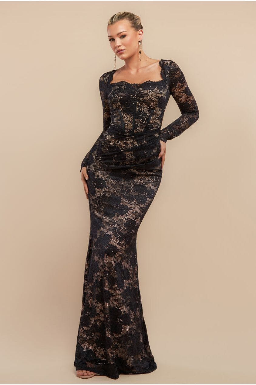 Goddiva Women's Black Scalloped Lace Corset Bodice Maxi Dress - By - 18