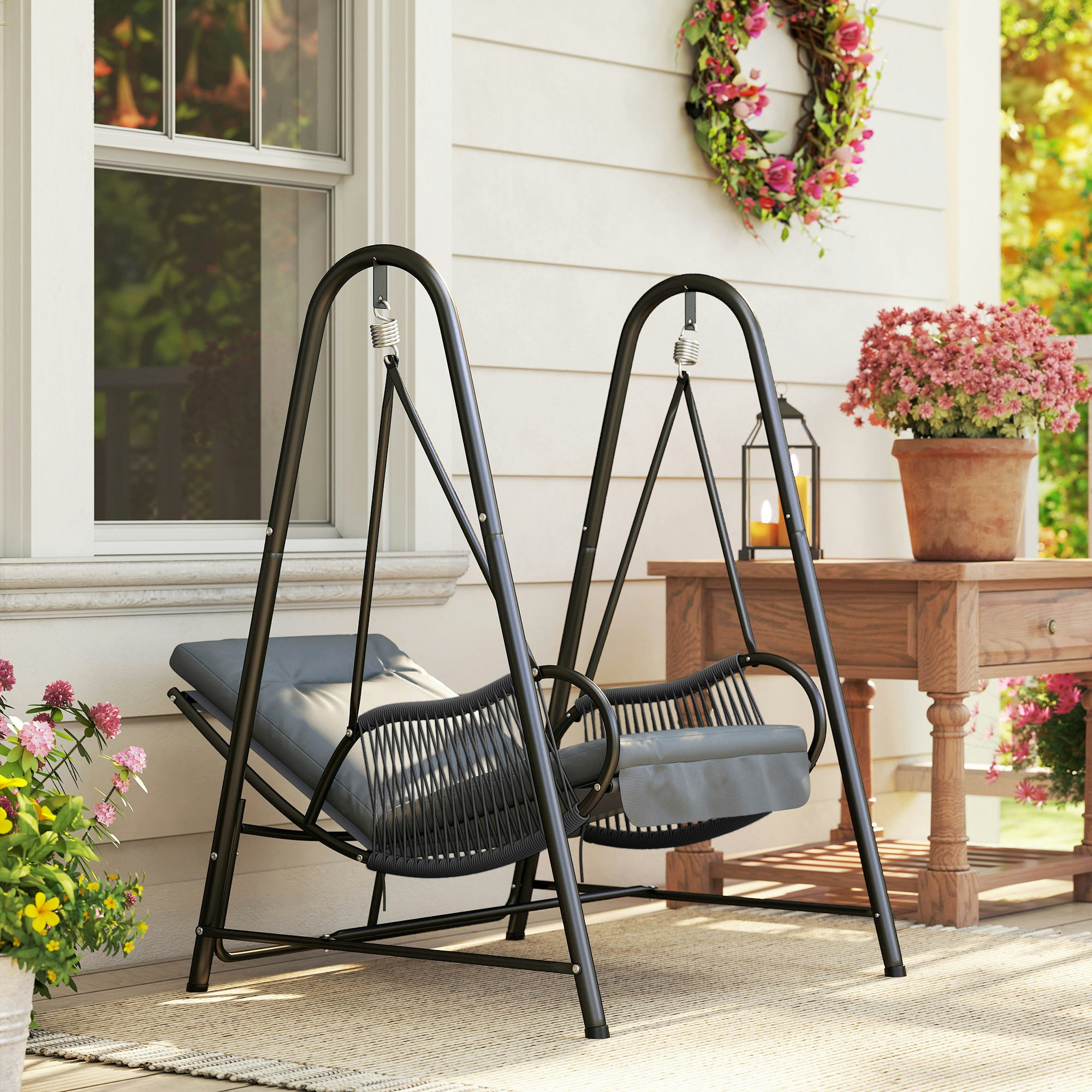Rackhams Dark/Grey Rattan Swing Chair With Stand And Seat Cushion,