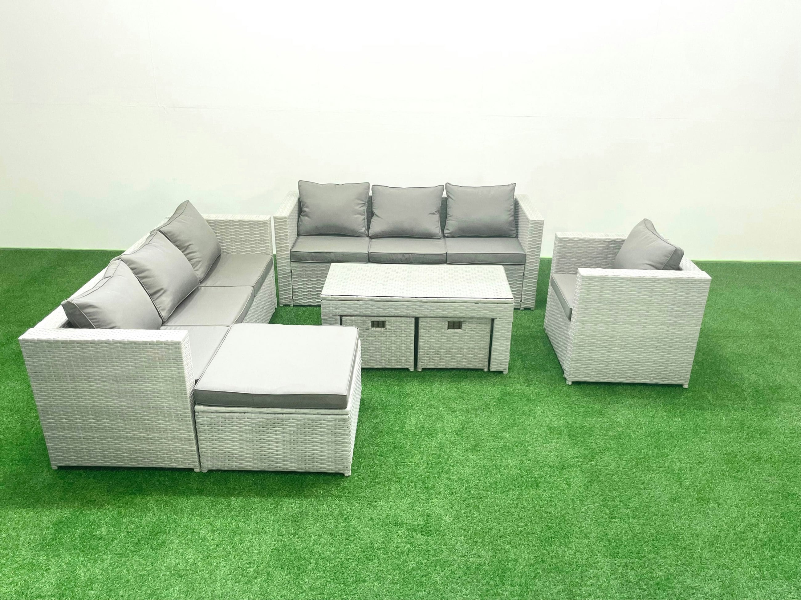 Rackhams Light/Grey Wicker Pe Rattan Sofa Garden Furniture Set With Oblong Coffee Table Armchair 3 Footstools Mixed