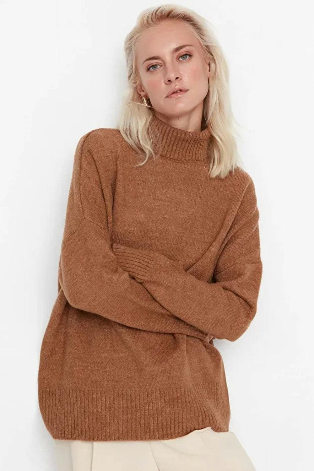 Hoxton Gal Brown Relaxed Fit Soft-Texture Knit Sweater - L