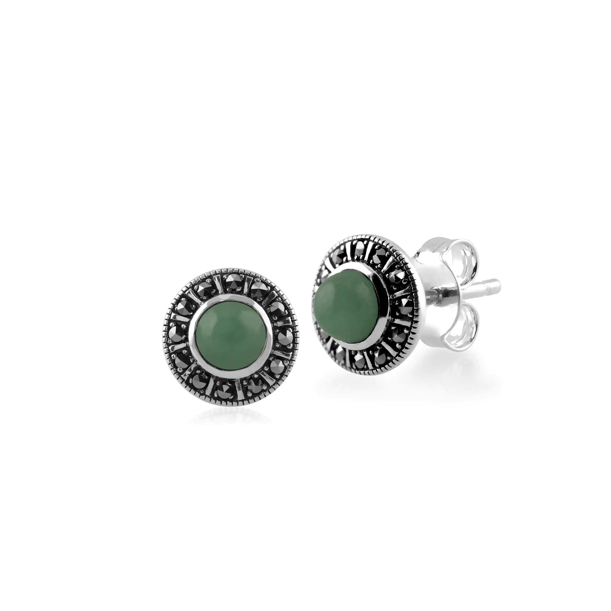 Gemondo Green/Silver Art Deco Style Round Jade & Marcasite Halo Stud Earrings In 925 Sterling - Sterling Art Deco Jade & Marcasite Stud Earrings