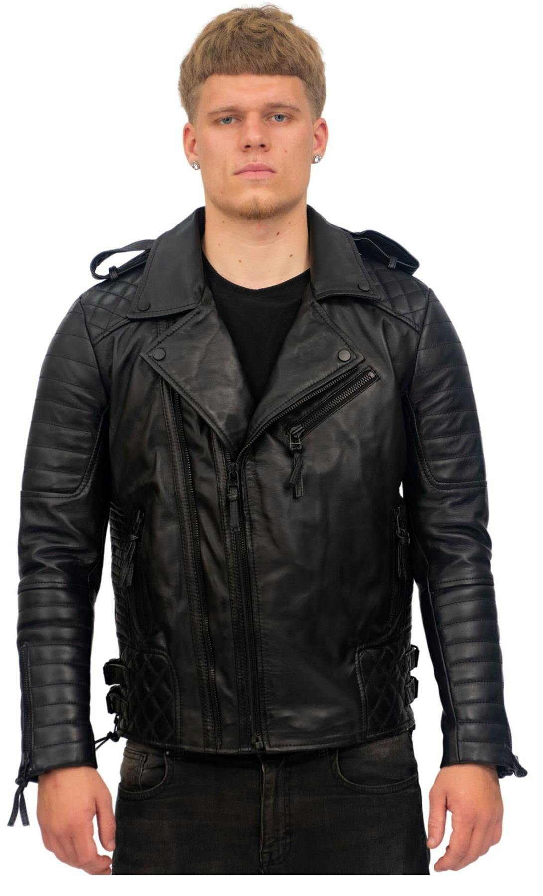 Infinity Leather Men's Black Slim-Fit Double Zip Brando Leather Biker Jacket-Cairo - Uk 4XL | Eu 58 | Us 48