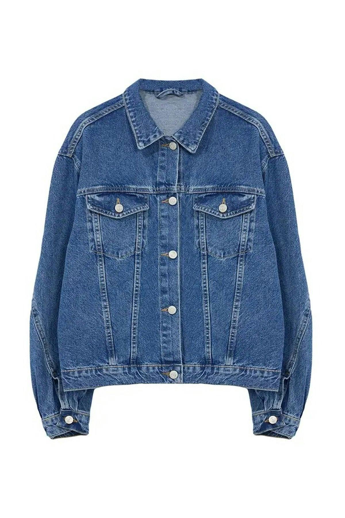 Wovcor Blue Oversize Denim Jacket With Sleeve Stitching Detail - Xs