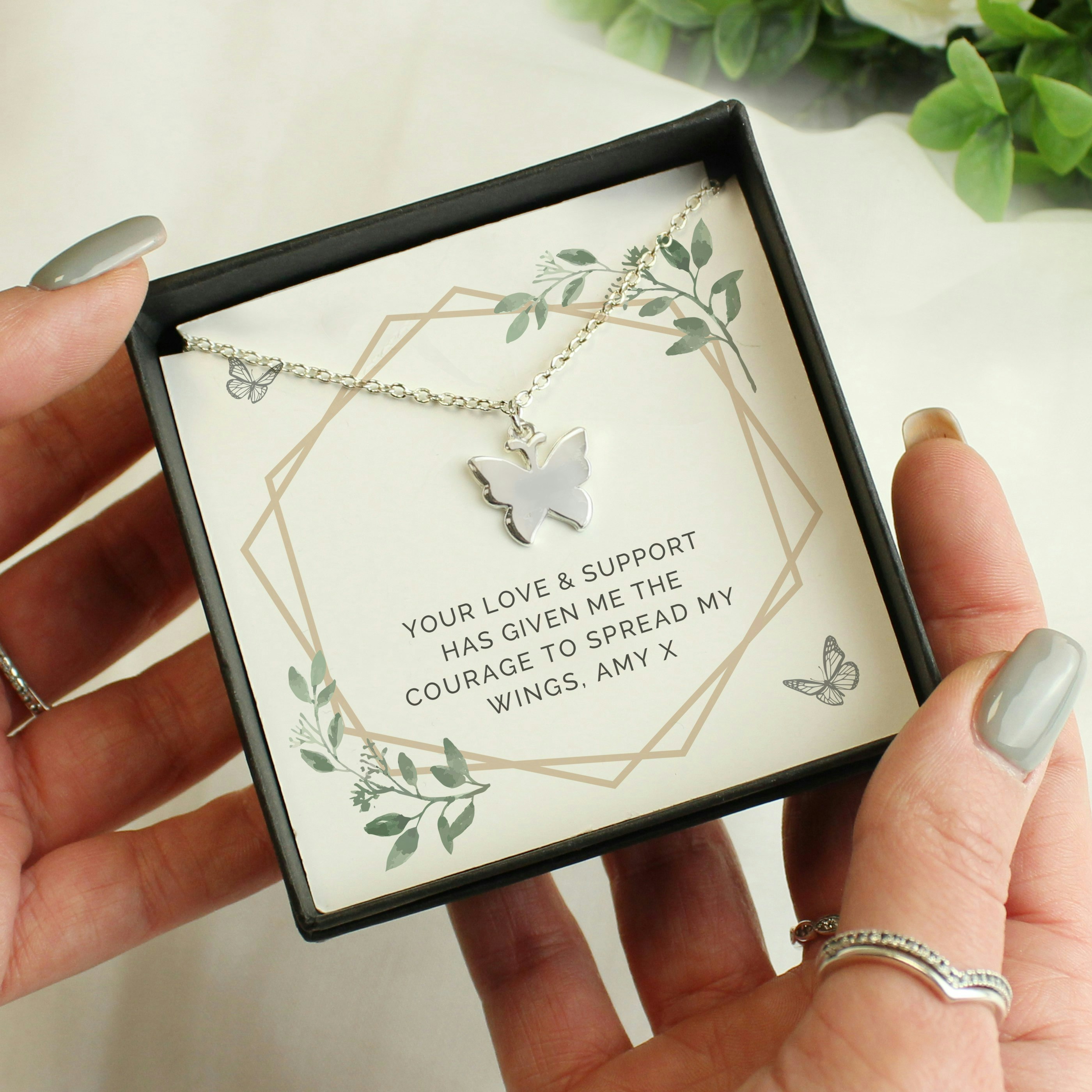 Personalised Memento Company Silver/Black Personalised Botanical Sentiment Butterfly Necklace And Box