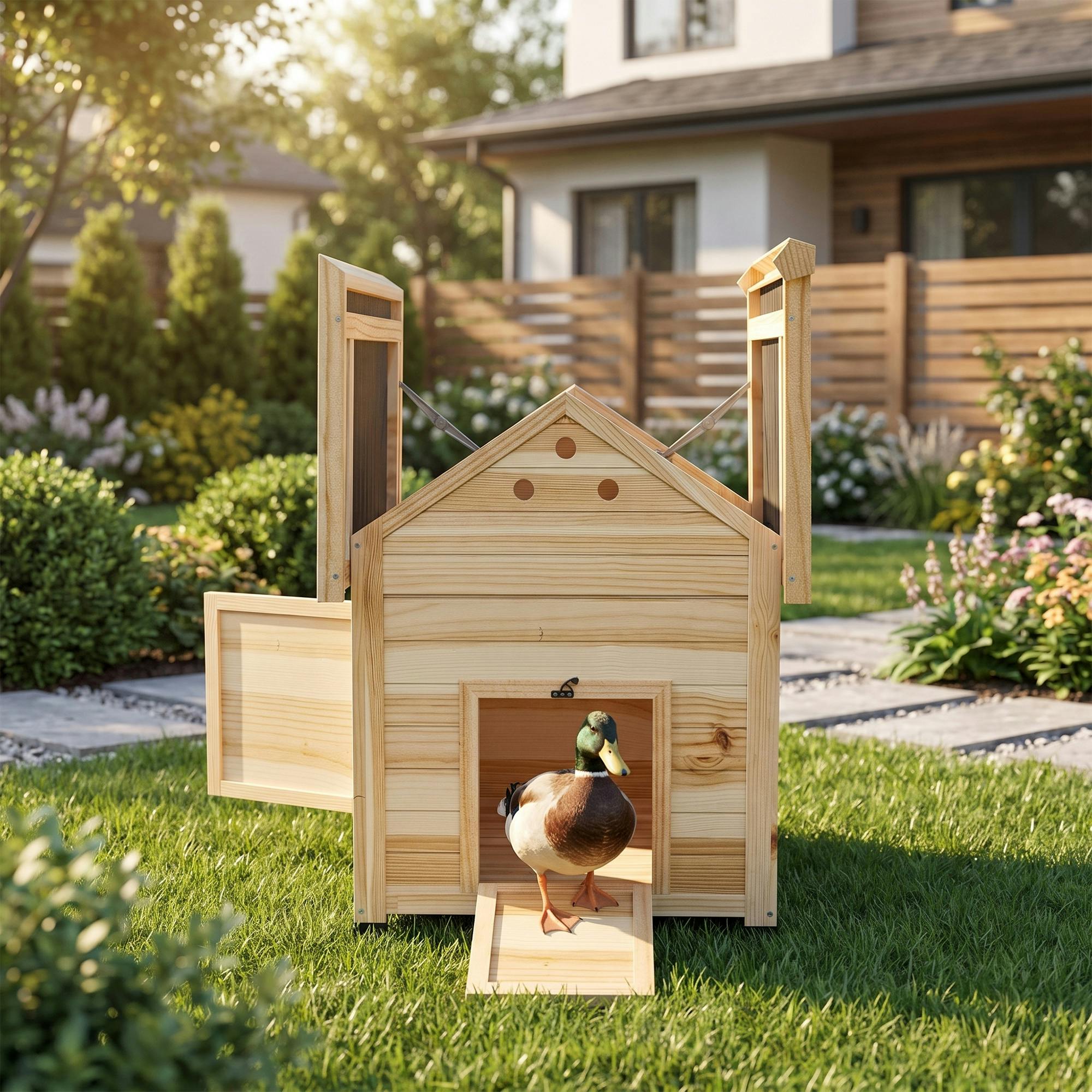 PawHut Wooden Duck House Small Brown - Openable Roof - Image 3
