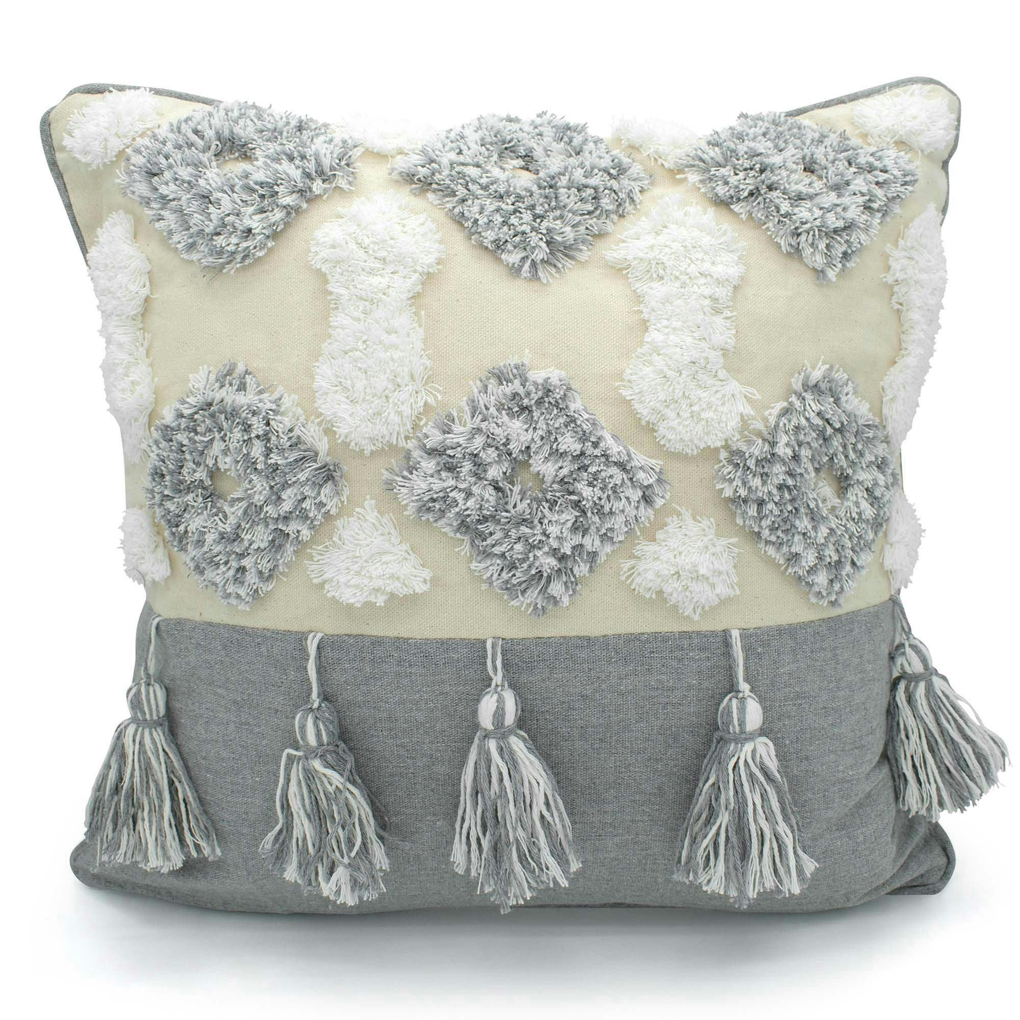 Rackhams Grey Boho Tassle Heavy Tuft Cushion - 43Cm X 43Cm