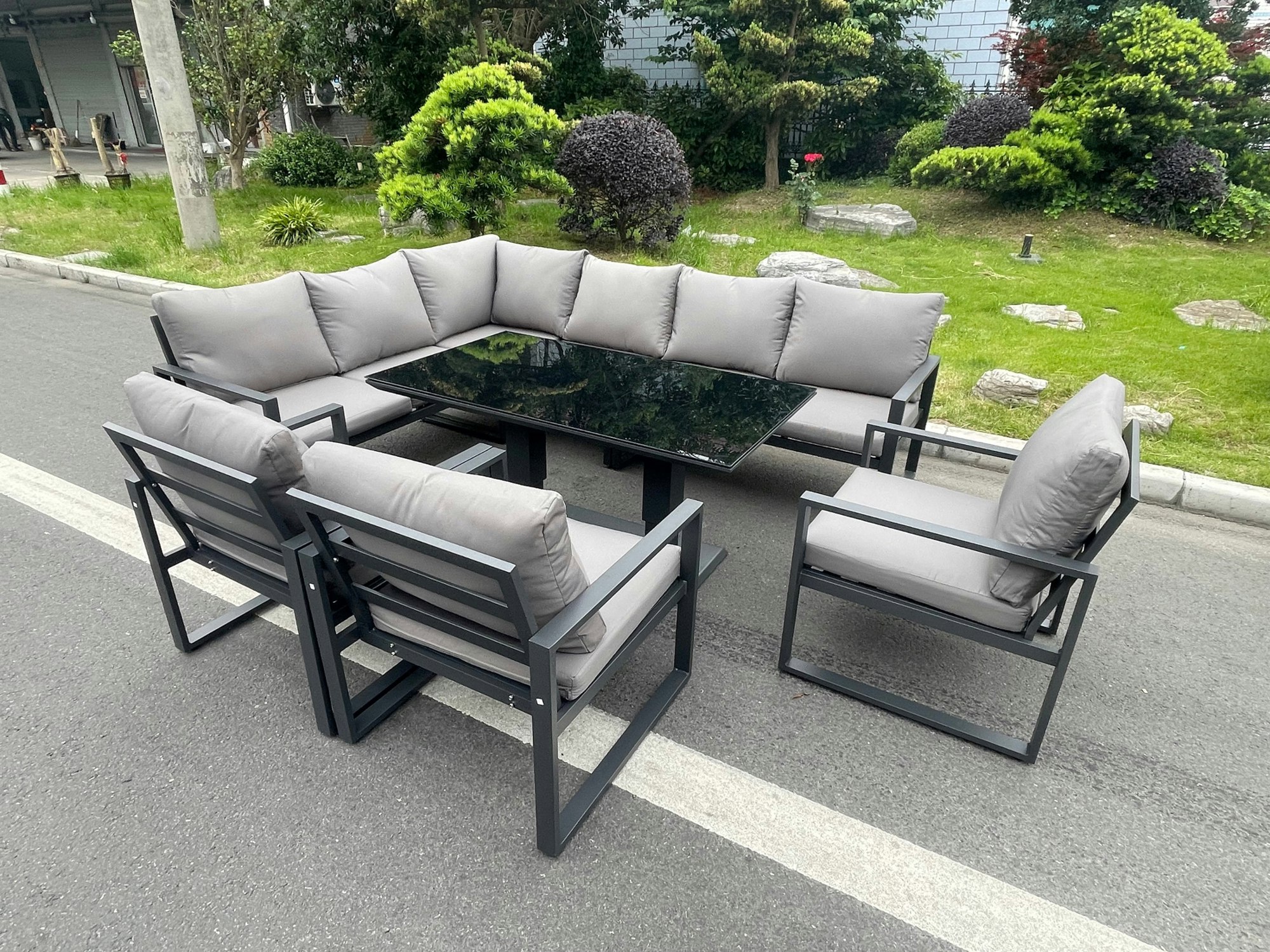 Rackhams Black/Dark/Grey Aluminum Outdoor Garden Furniture Corner Sofa Chair Adjustable Rising Lifting Dining Table Sets Tempered Glass 9 Seater
