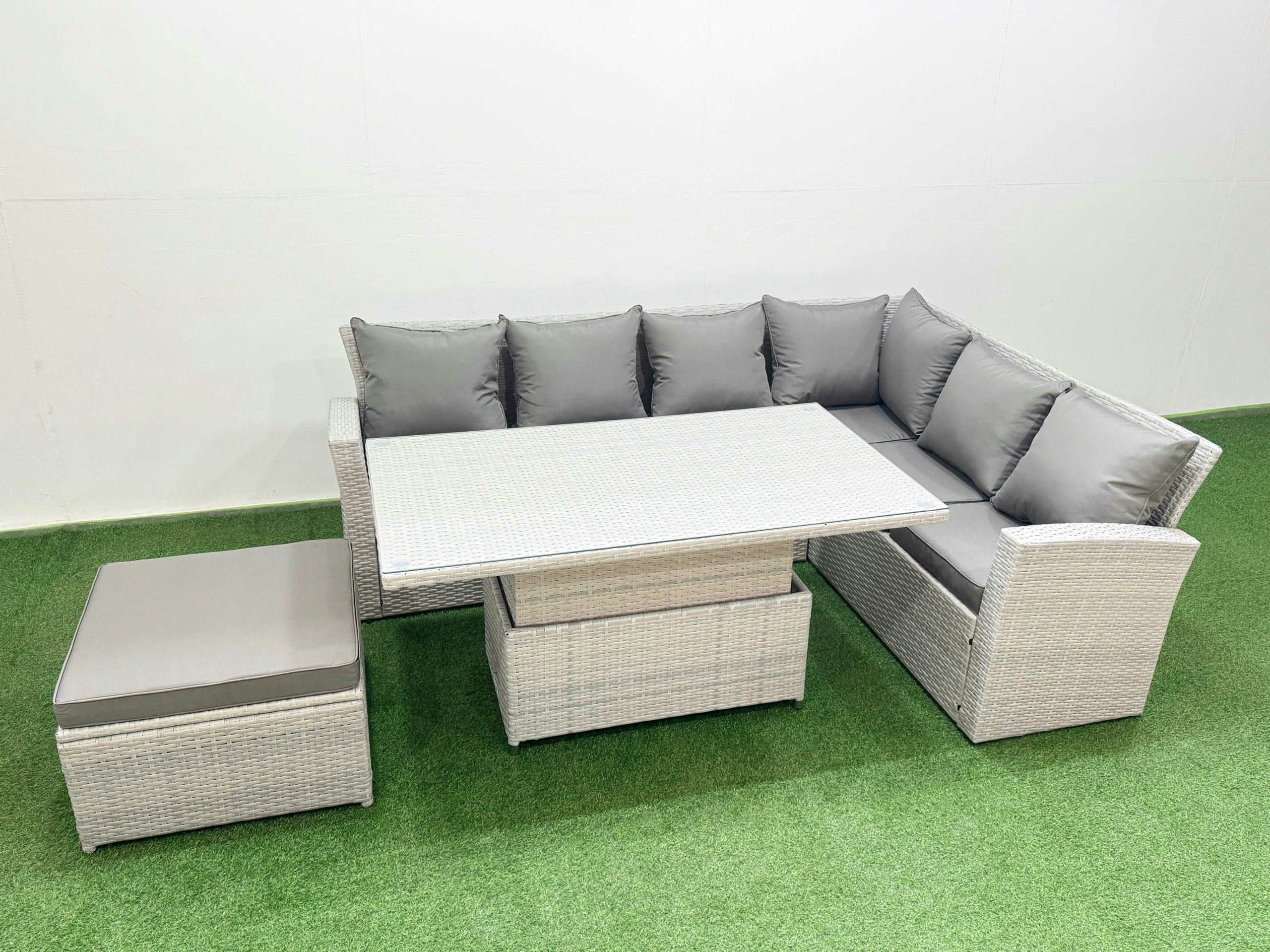 Fimous Light/Grey 7 Seat Rattan Garden Furniture Corner Sofa Set Outdoor Adjustable Lifting Dining Or Coffee Table Set With Armchair Big Footstool