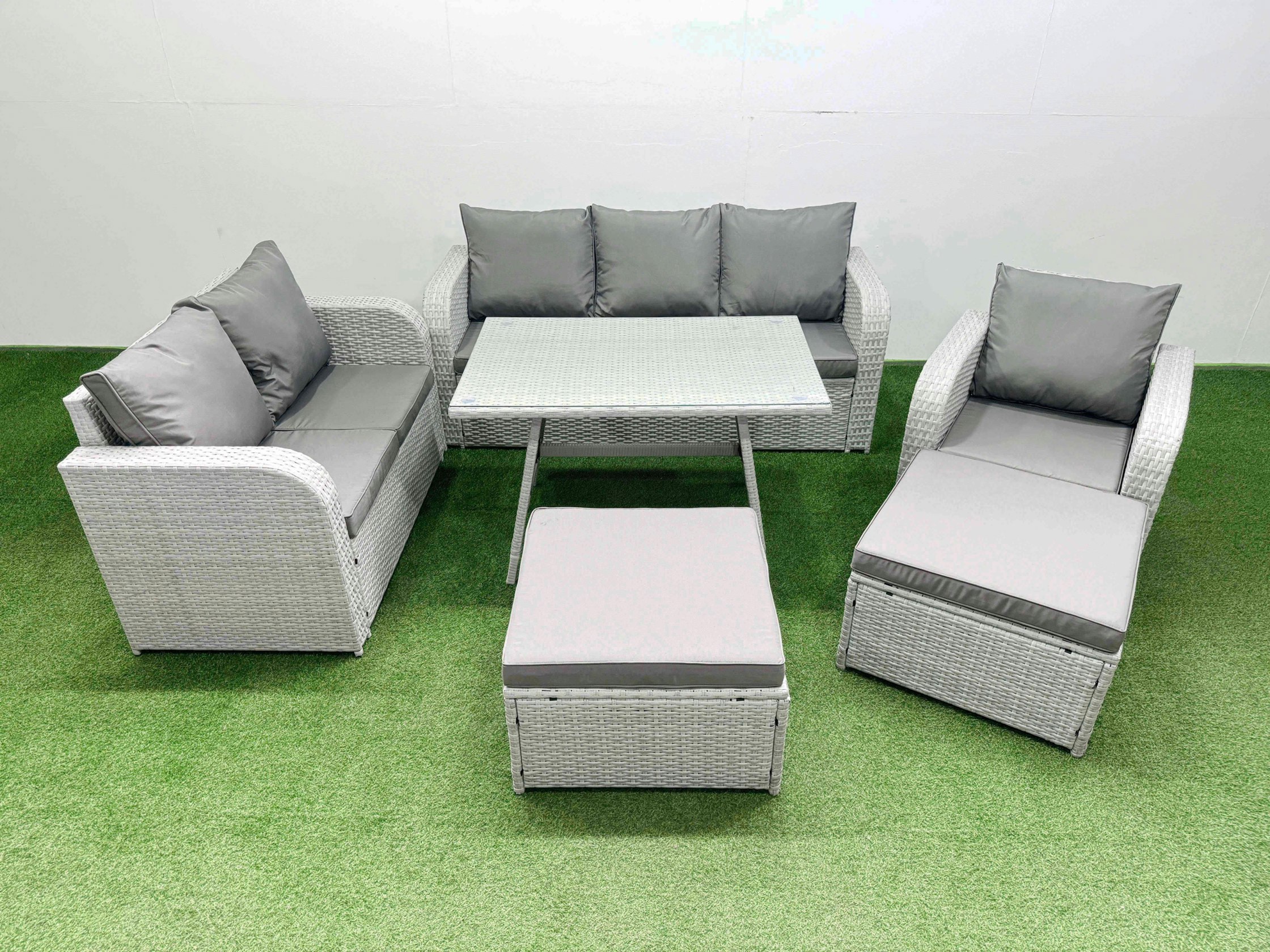 Fimous Light/Grey Rattan High Back Lounge Sofa Set Patio Dining Table & Chairs Set With 3 Seater Sofa Reclining Chair 2 Big Stool