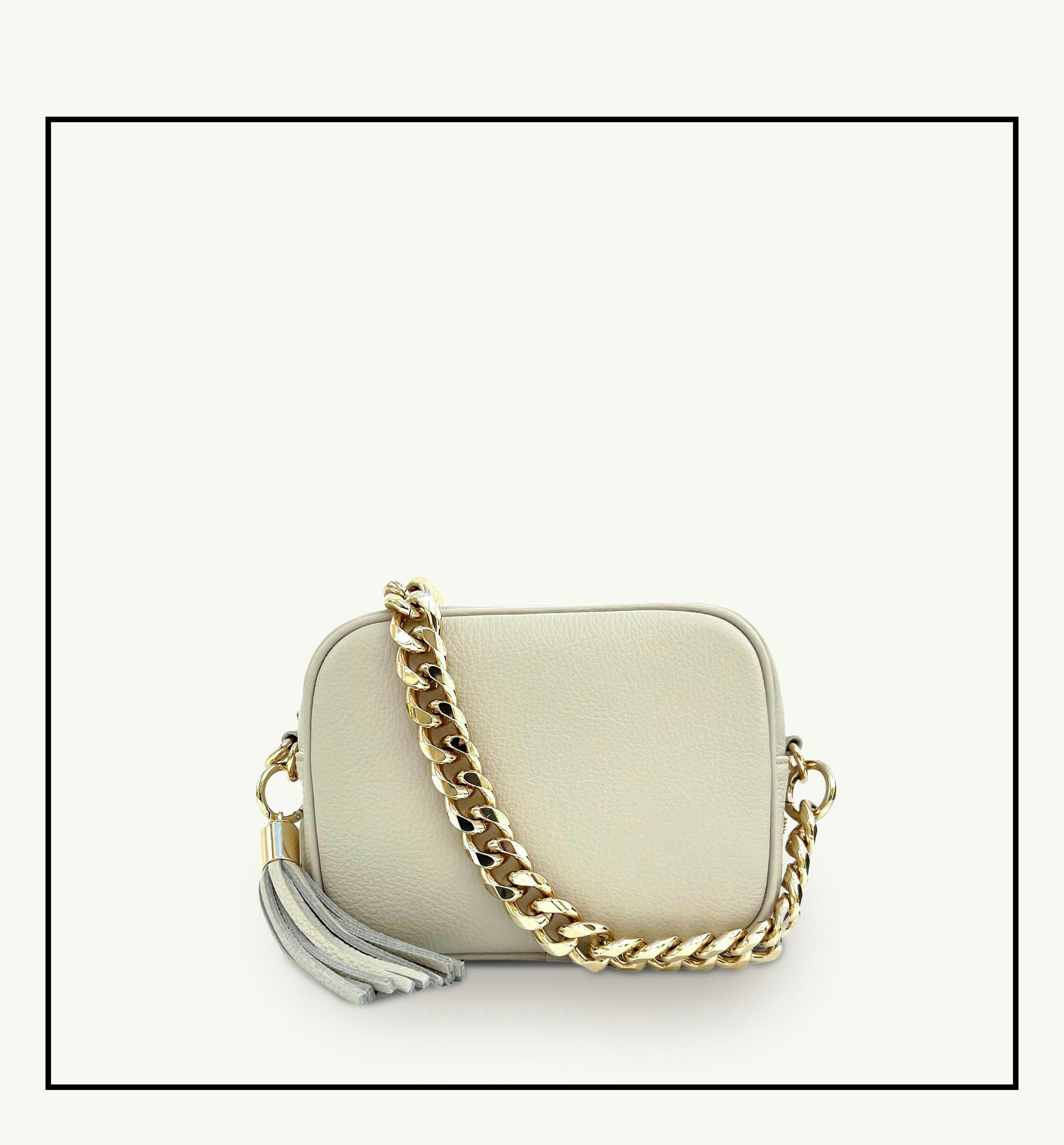 Apatchy London Gold The Tassel Stone Leather Crossbody Bag With Chain Strap - Neutral 7Cm