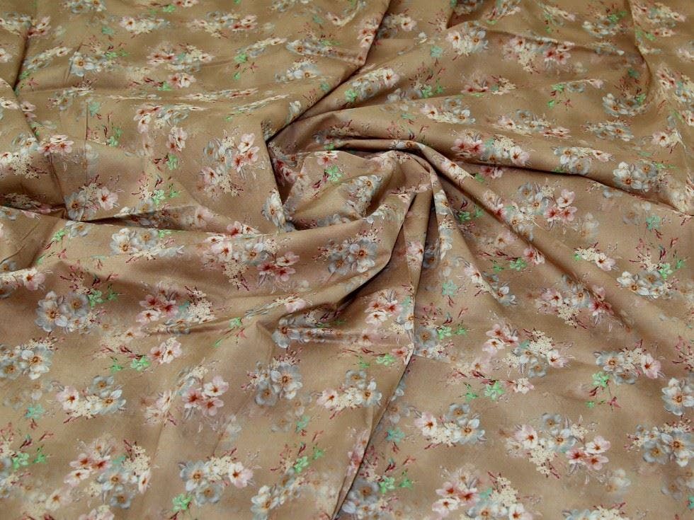 Minerva Beige Core Range Deadstock Cotton Lawn Fabric - Flowers Design Dressmaking Fabric, 145 Cm / 58" Wide - Per Metre