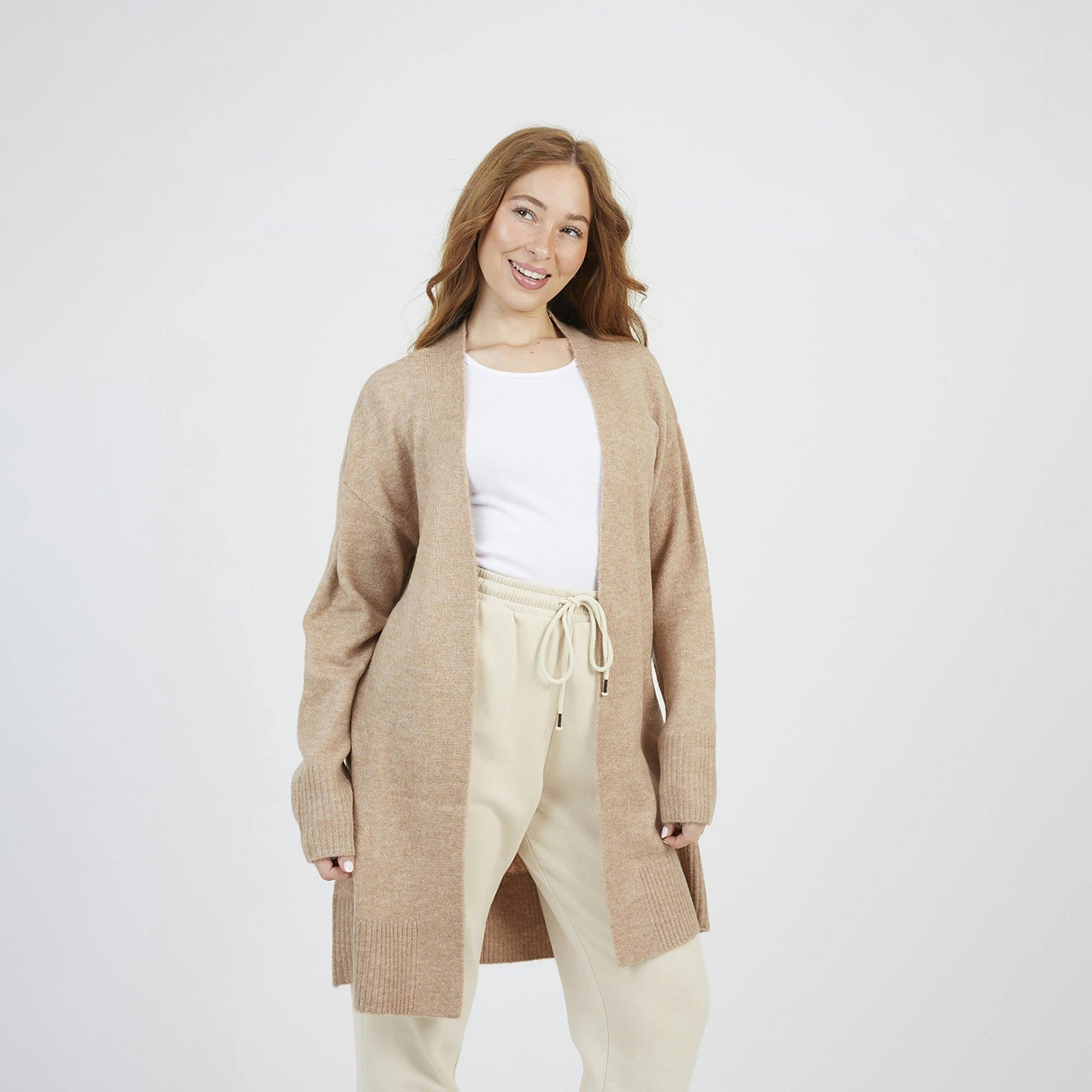 Brave Soul Longline Dropped Shoulder Cardigan - Tan - Tan - S