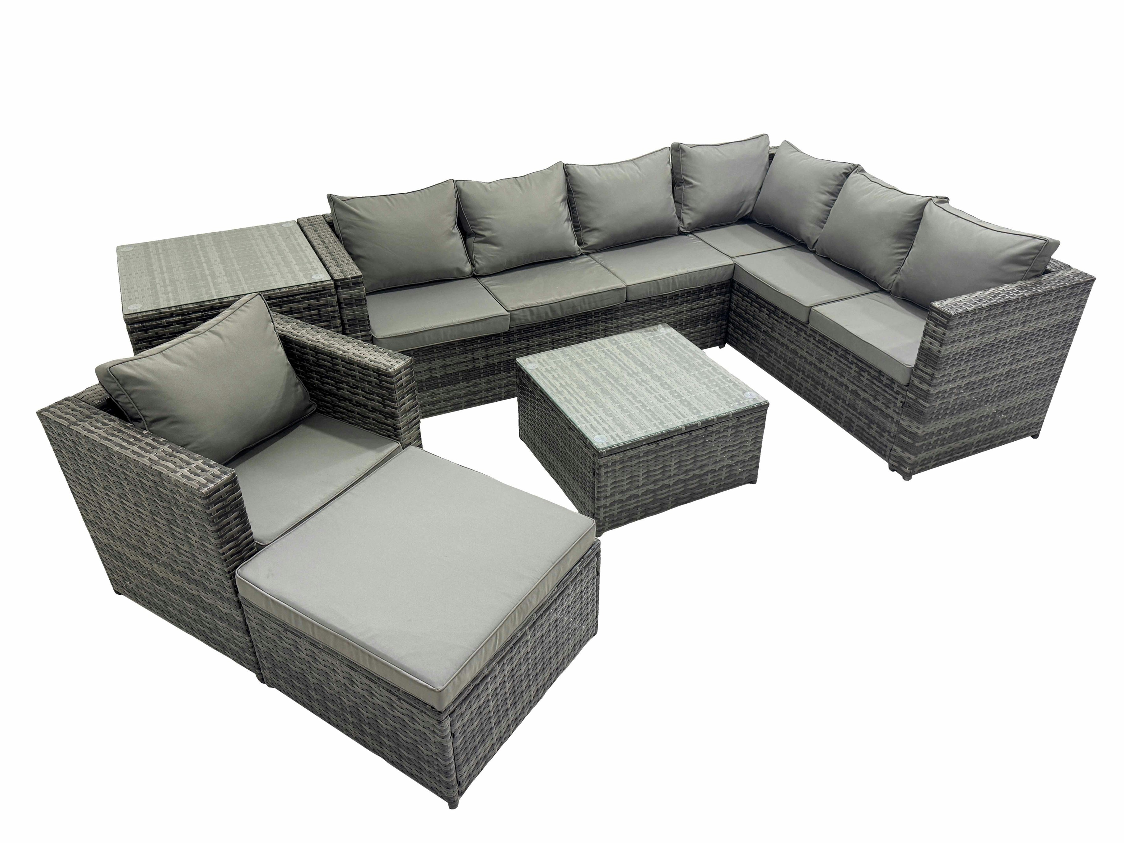 Fimous Dark/Grey Outdoor Pe Rattan Garden Furniture Sofa Set With Square Coffee Table Chair Big Stool Side Table