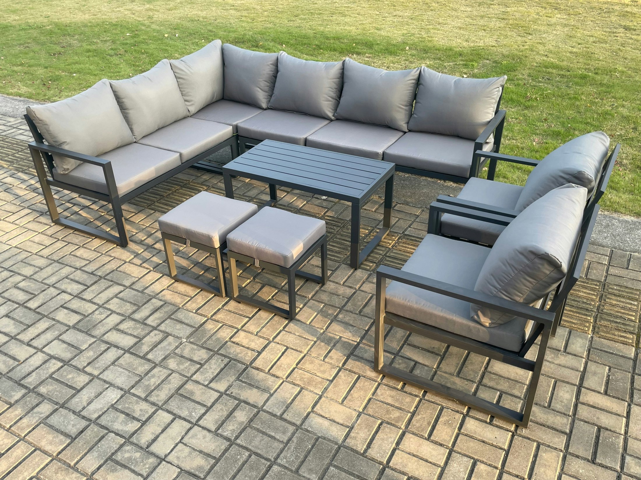 Fimous Dark/Grey Aluminium Garden Furniture Set Outdoor Indoor Lounge Corner Sofa 2 Pcs Chair Oblong Coffee Table Sets With 2 Small Footstools