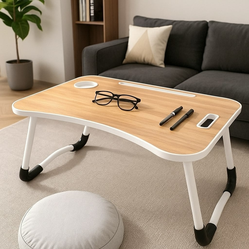 Rackhams Folding Laptop Bed Table With Cup Holder, Lap Desk Tray For Sofa, Breakfast, Portable, Walnut