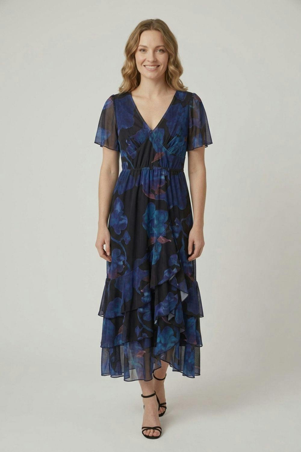 Izabel London Black Floral Semi Sheer Tiered Midi Dress - 8