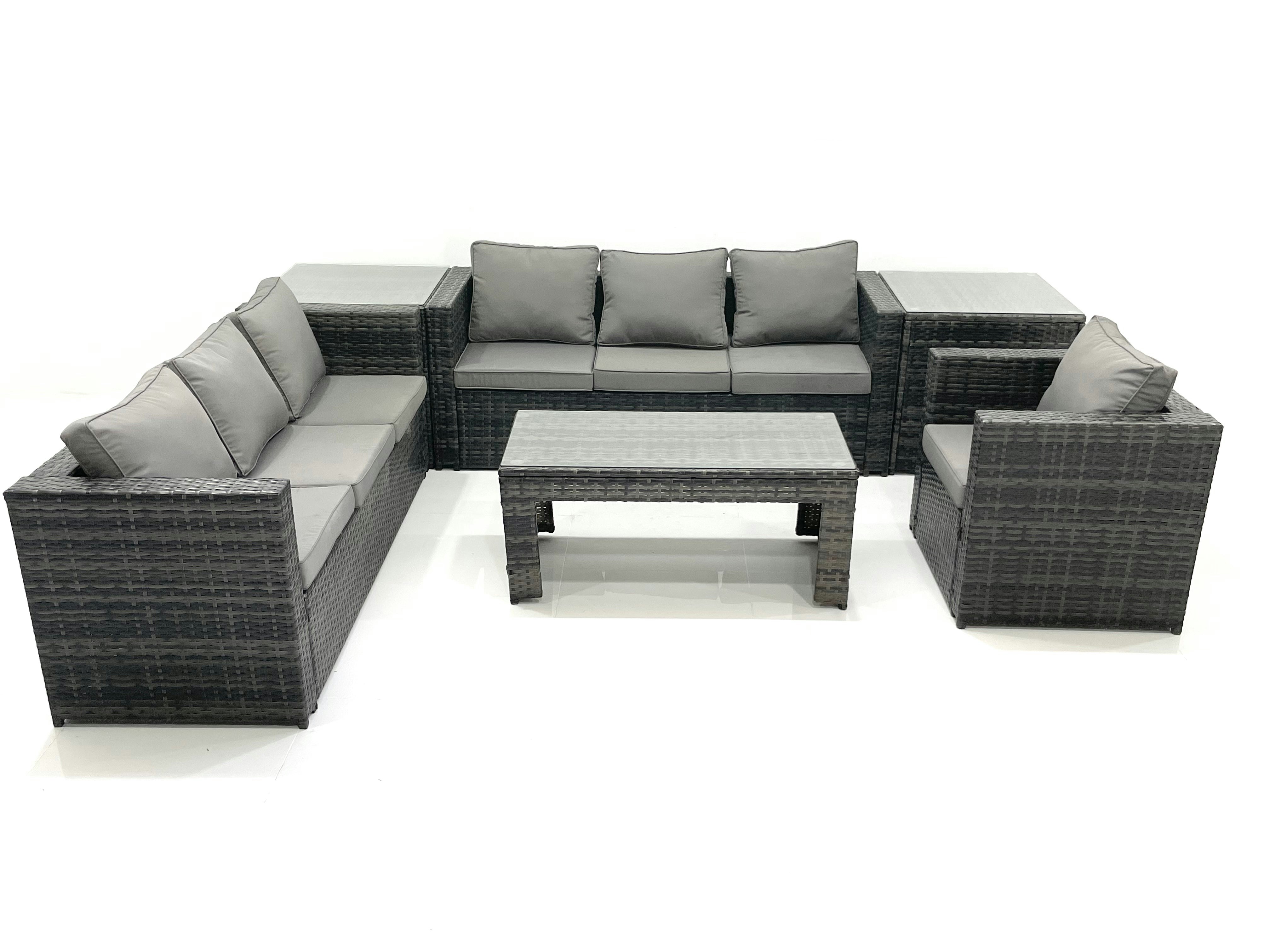 Fimous Dark/Grey 7 Seater Rattan Garden Furniture Set Outdoor Lounger Sofa With Coffee Table Armchair 2 Side Tables Mixed