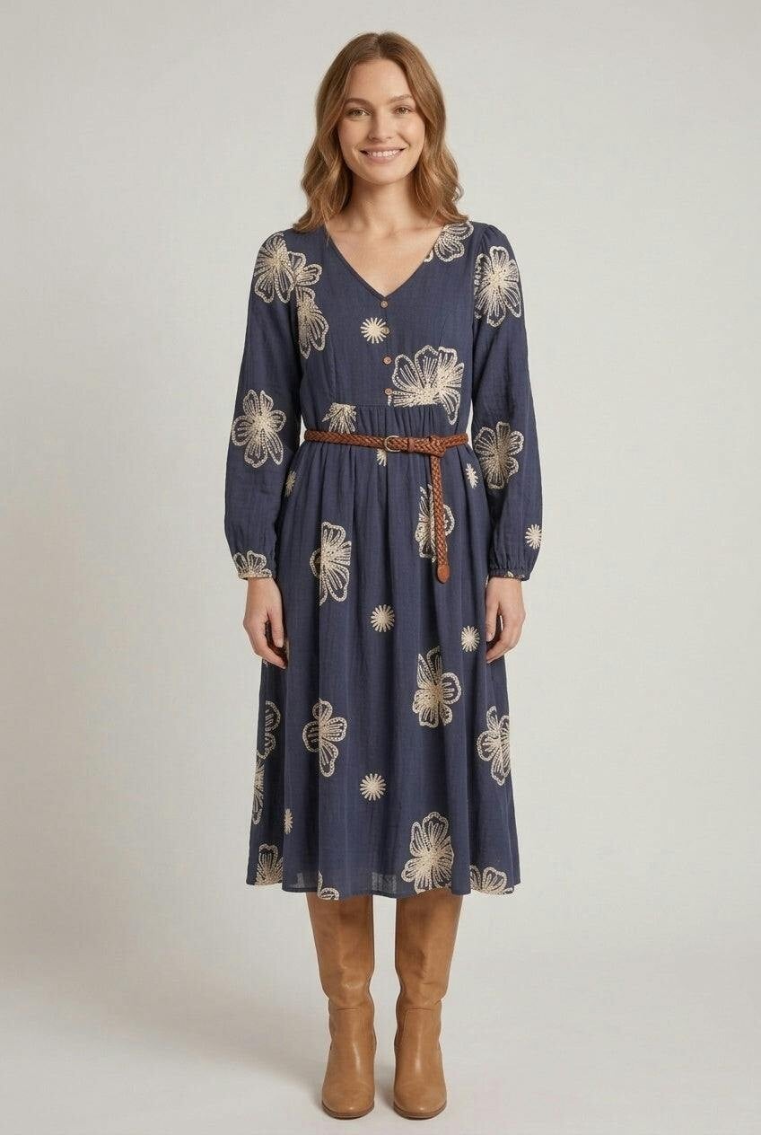 Izabel London Floral 1/2 Puff Sleeve Smock Midi Dress - 16 - Navy