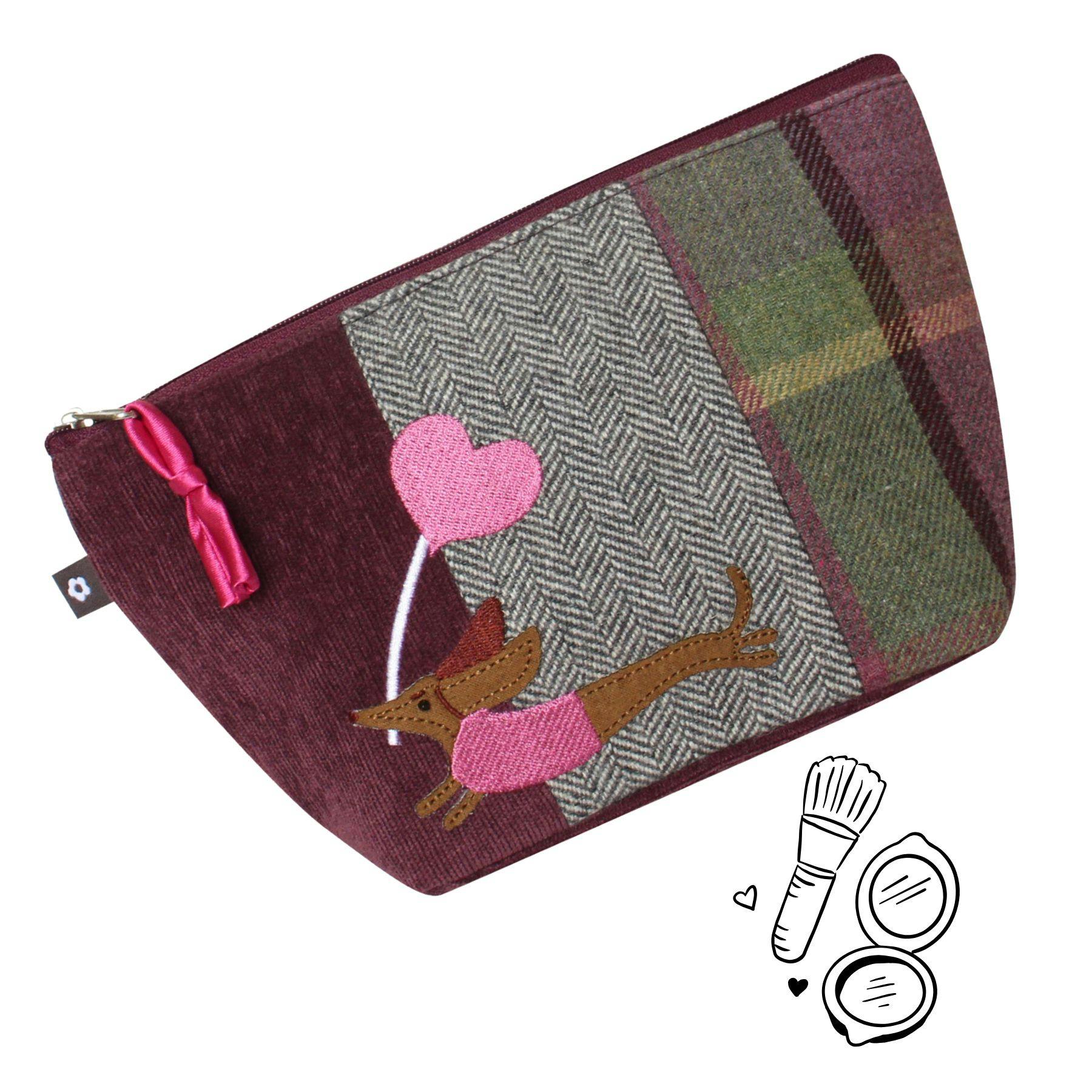 Earth Squared Pink/Purple Tweed Applique Sausage Dog With Heart Balloon Make Up Bag - One Size - Multi - Tweed