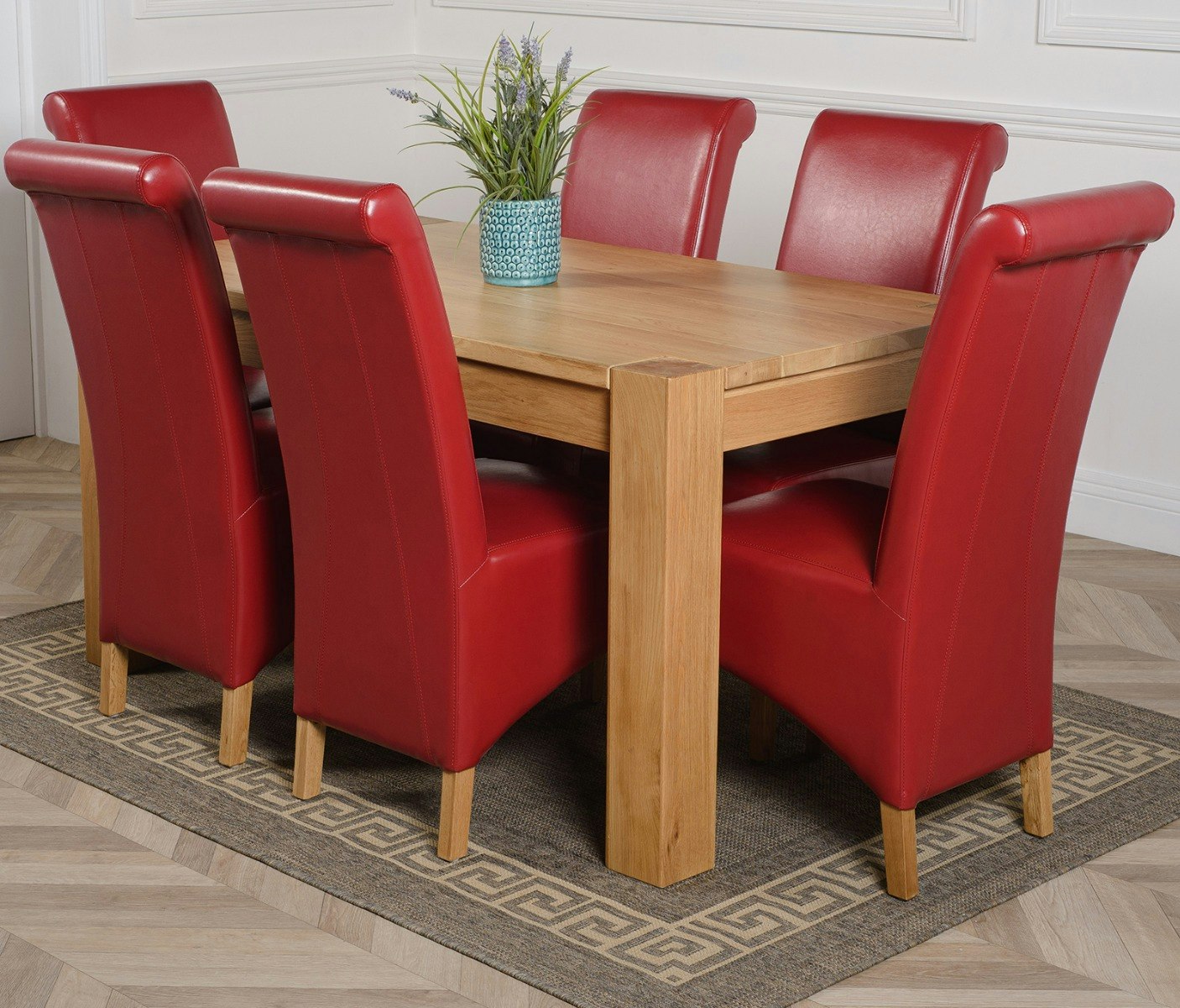 That's Furniture Burgundy Kuba Medium Oak Dining Table With Montana Leather Chairs - 6 Chairs