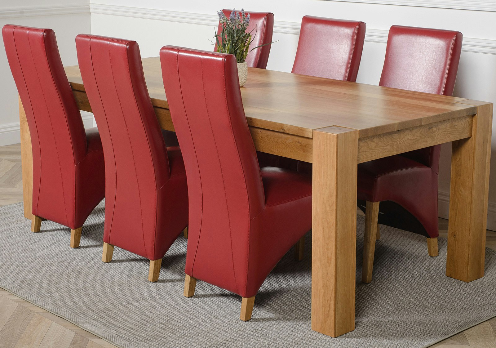 That's Furniture Burgundy Kuba Extra Large Oak Dining Table With Lola Leather Chairs - 6 Chairs