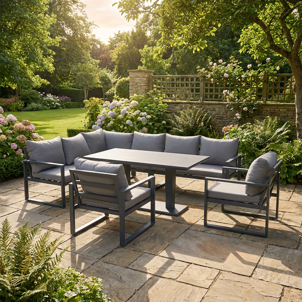 Rackhams Dark/Grey 7 Seater Aluminum Outdoor Garden Furniture Set With Corner Sofa, 2 Chairs, Rising Dining Table