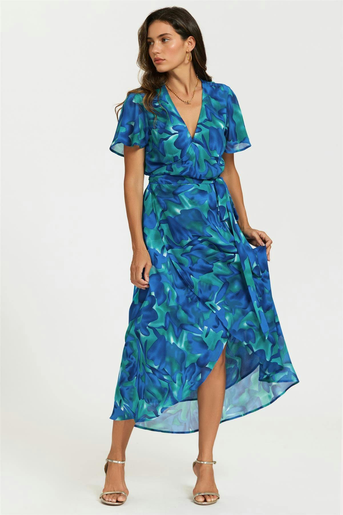 Fs Collection Blue Abstract Floral Print Wrap Maxi Dress In - Xs