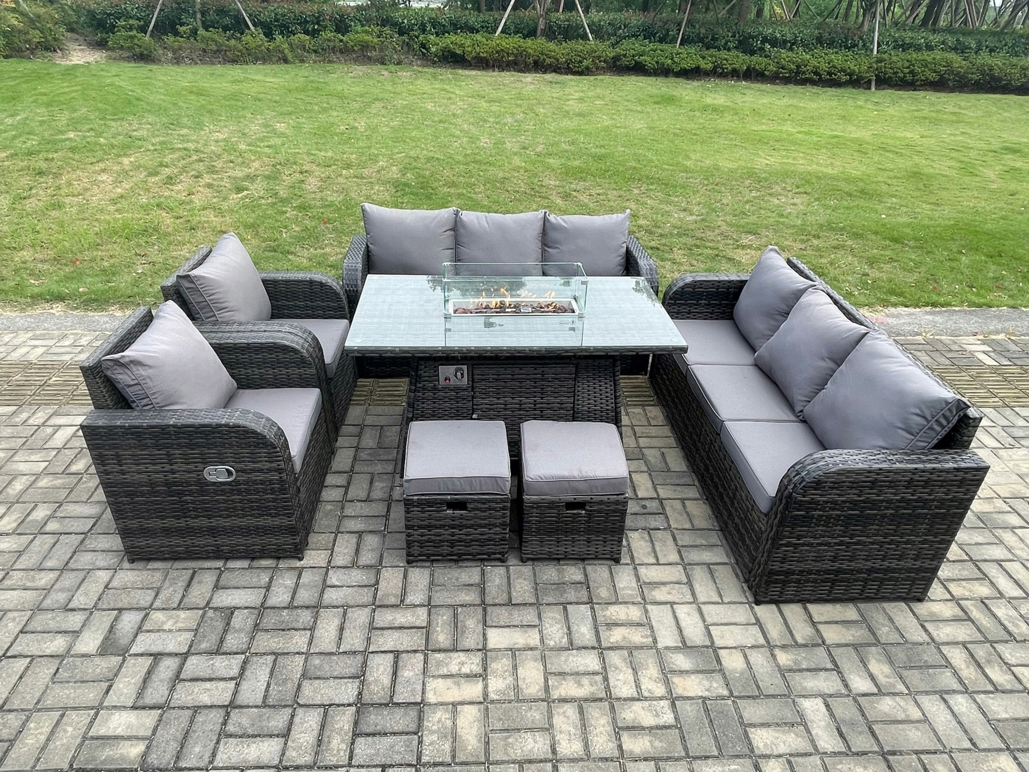 Rackhams Dark/Grey Garden Patio Furniture Wicker Rattan Gas Fire Pit Table And Sofa Chair Set With 2 Small Footstools