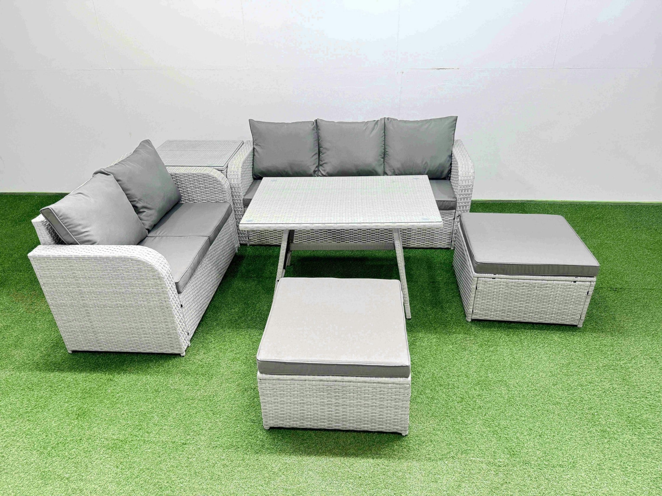 Rackhams Light/Grey Outdoor Pe Rattan Garden Furniture Set Rectangular Dining Table Sofa Set With 2 Big Stool Side Table