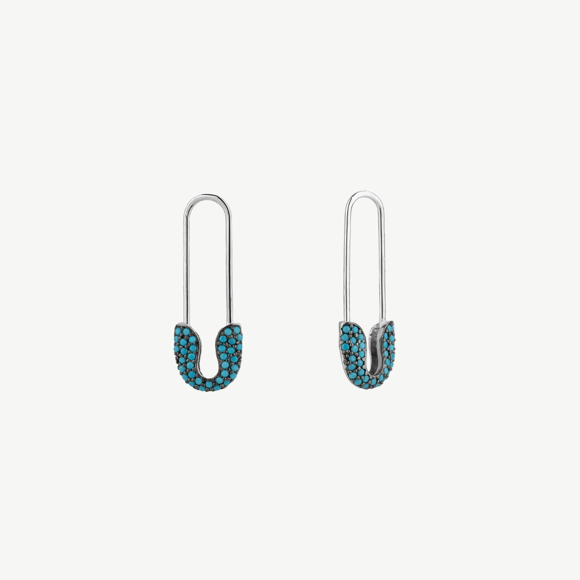Spero London Turquoise/Silver Pave Safety Pin Earring Jewelled Sterling