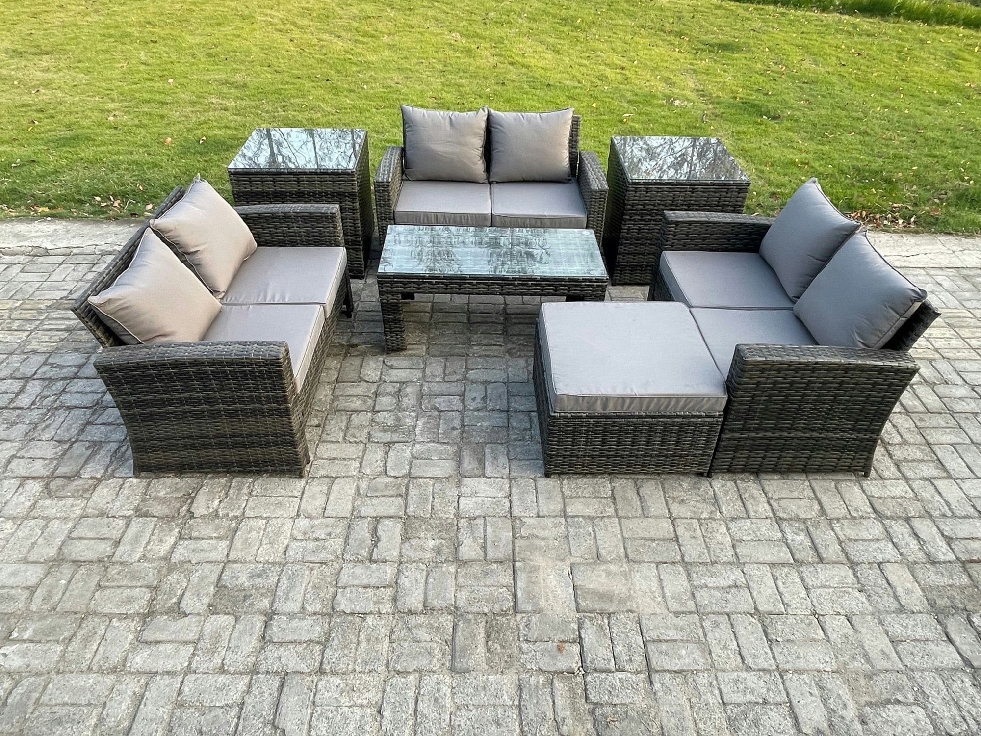 Rackhams Dark/Grey 7-Piece Outdoor Lounge Sofa Set - Mixed Wicker Pe Rattan Garden Furniture With Coffee Table & Big Footstool