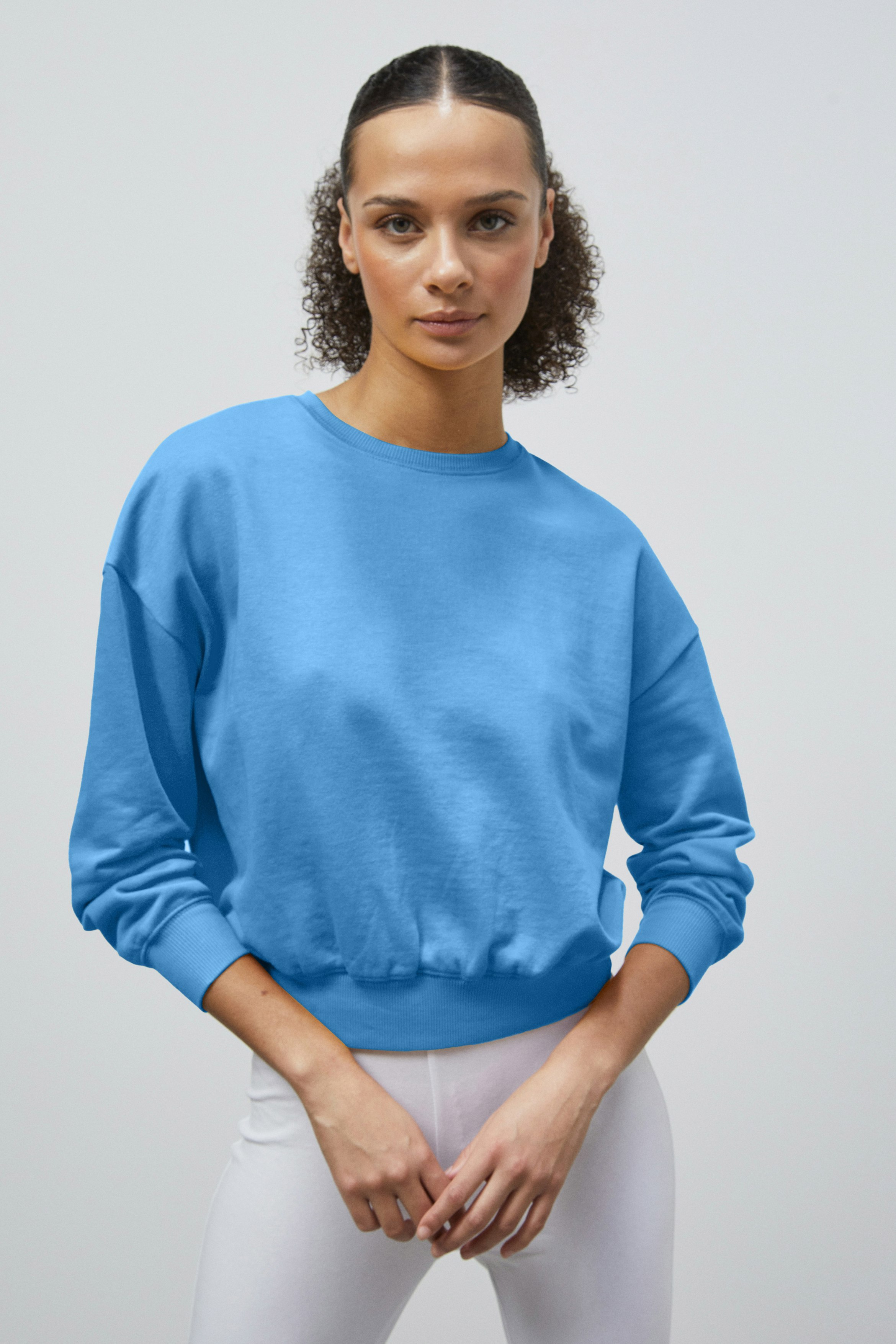 Enorsia Blue Ribbed Hem Cropped Sweatshirt - 8 - 77% Cotton, 23% Polyester