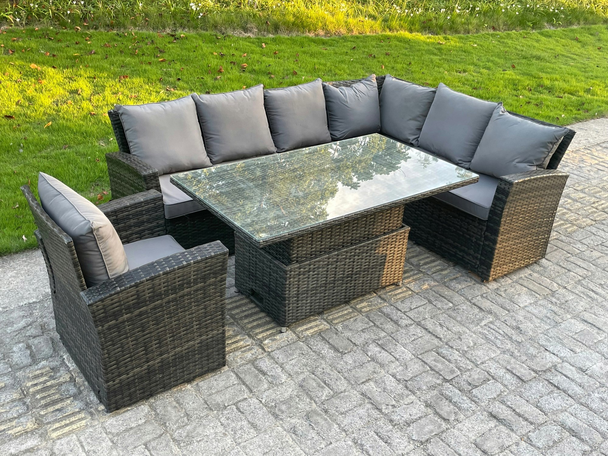 Fimous High Back Pe Rattan Corner Sofa Set Garden Furniture Adjustable Rising Lifting Table Set With Armchair