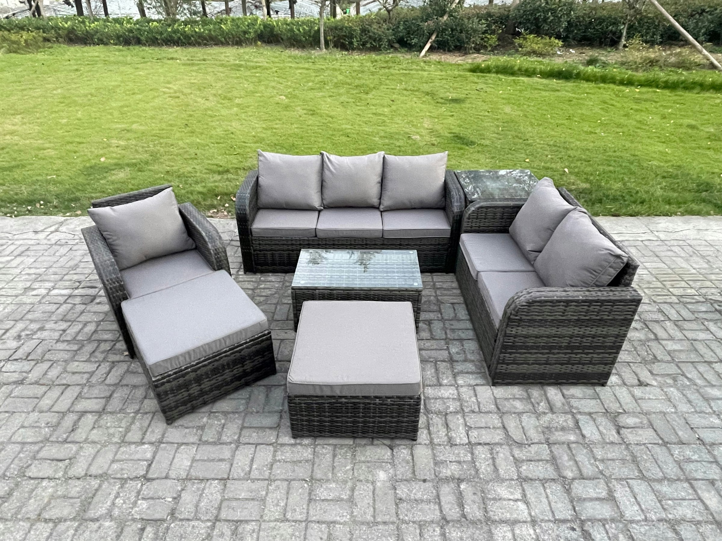 Rackhams Dark/Grey Outdoor Garden Furniture Sets 7 Pieces Wicker Rattan Furniture Sofa Sets With Rectangular Coffee Table Loveseat Sofa 2 Big Footstool Side Table