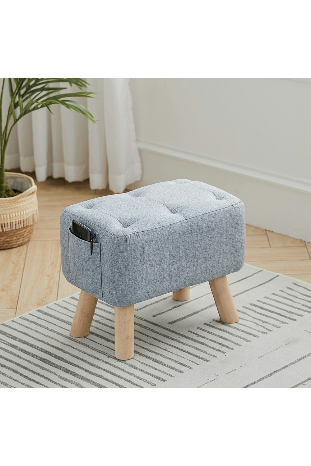 Rackhams Light/Blue Linen Fabric Footstool Pouffe Ottoman With Pocket