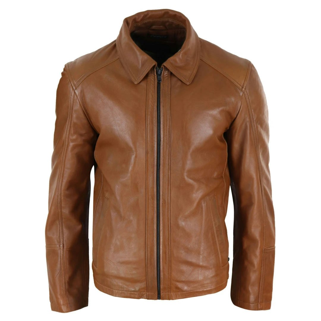 Infinity Leather Men's Black Leather Company Leather Jacket Tan Zipped Classic Soft Napa - Tan - 3XL