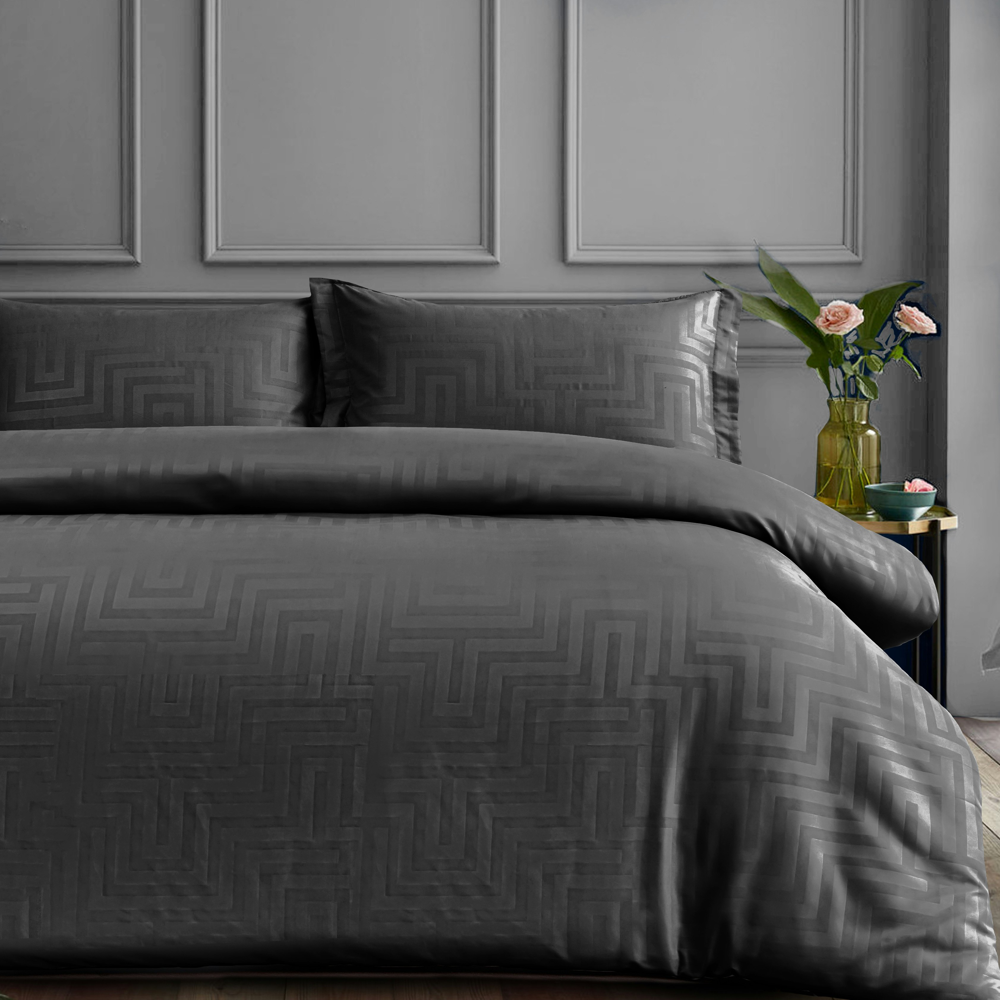 Rackhams Black Woven Luxury Bedding Set - Chic Duvet Cover & Sophisticated Pillowcase Set In Soft, Ideal For Modern Bedroom Decor - Charcoal - King