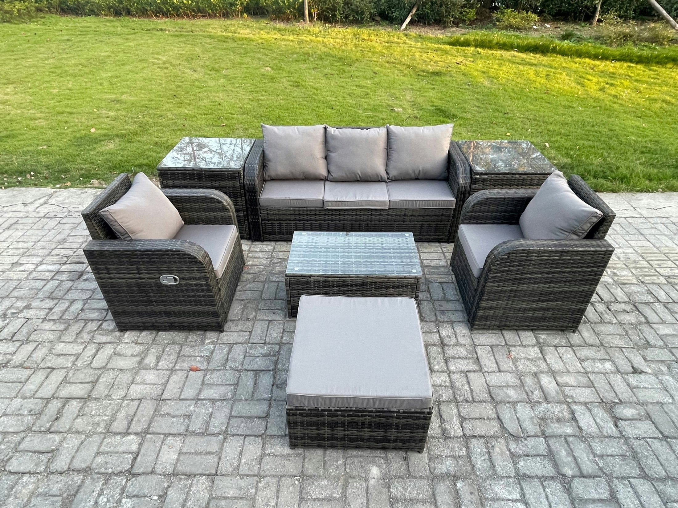 Fimous Dark/Grey Outdoor Rattan Garden Furniture Set - Mixed Patio Lounge Sofa With Reclining Chair & Rectangular Coffee Table
