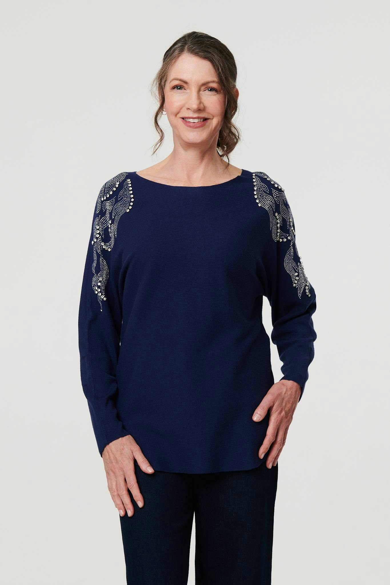 Izabel London Sparkly Embellished Long Sleeve Knit Top - 10 - Navy