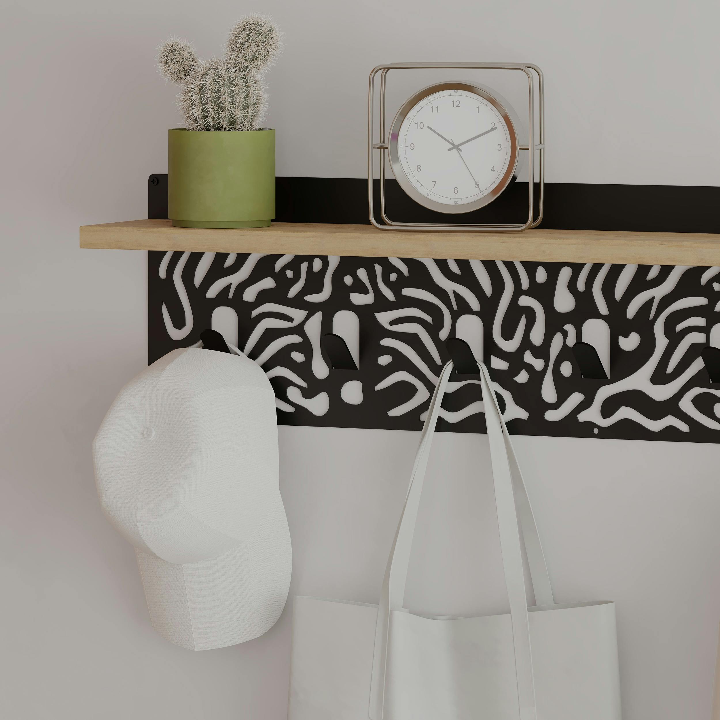 Rackhams Black Novo Wall-Mounted Coat Rack Metal 7 Hooks And Open Shelf Storage Space, Hallway, Bedroom ( Metal) - Oak